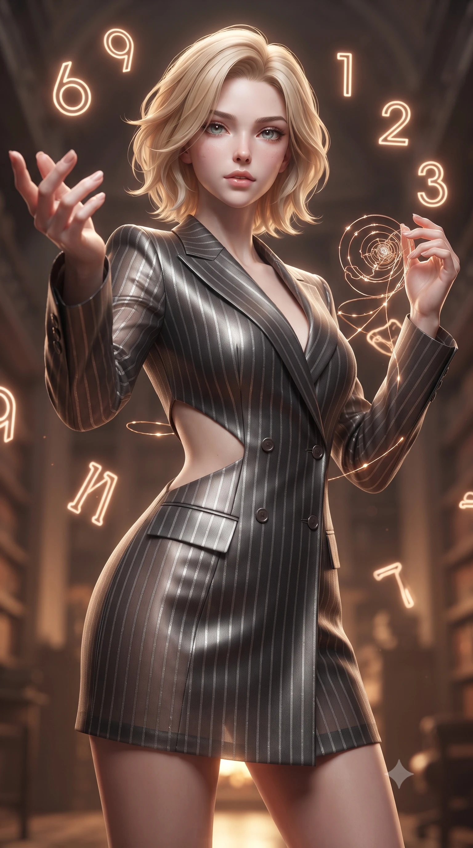 score_9, masterpiece, best quality, ultra-detailed, high-budget anime keyframe, editorial fashion photography, tasteful artistic composition, Caucasian woman. close-up cowboy shot from the waist and thighs up, the character dominates the composition, filling the frame with her large presence, background elements kept in soft focus. Reaching one hand gracefully toward the viewer with effortless superiority and allure threading glowing clockwork spring wires inside a majestic archives hall, glowing neon clock numbers floating in the air with vintage elegancy. She has an exceptionally elegant, slender, and willowy female figure with an ultra-slim waist, a gracefully sculpted slender torso, and a refined silhouette. sharp v-shaped jawline, high-bridge nose, intricate jewel-like eyes with depth, thick eyelashes, glossy lips with a natural sheen. wearing a double-breasted blazer dress with metallic pin-stripes in charcoal grey and platinum, woven from fine semi-opaque sheer organza, featuring clean architectural cutouts along her slender torso, the tailored fabric tightly following every curve of her athletic build. surrounded by warm hearth light and dramatic bronze rim highlights. ultra-reflective glossy finish, specular highlights, metallic sheen, high-contrast stereoscopic depth, volumetric dynamic lighting, 2k, ultra detail, master piece, 9:16 ratio