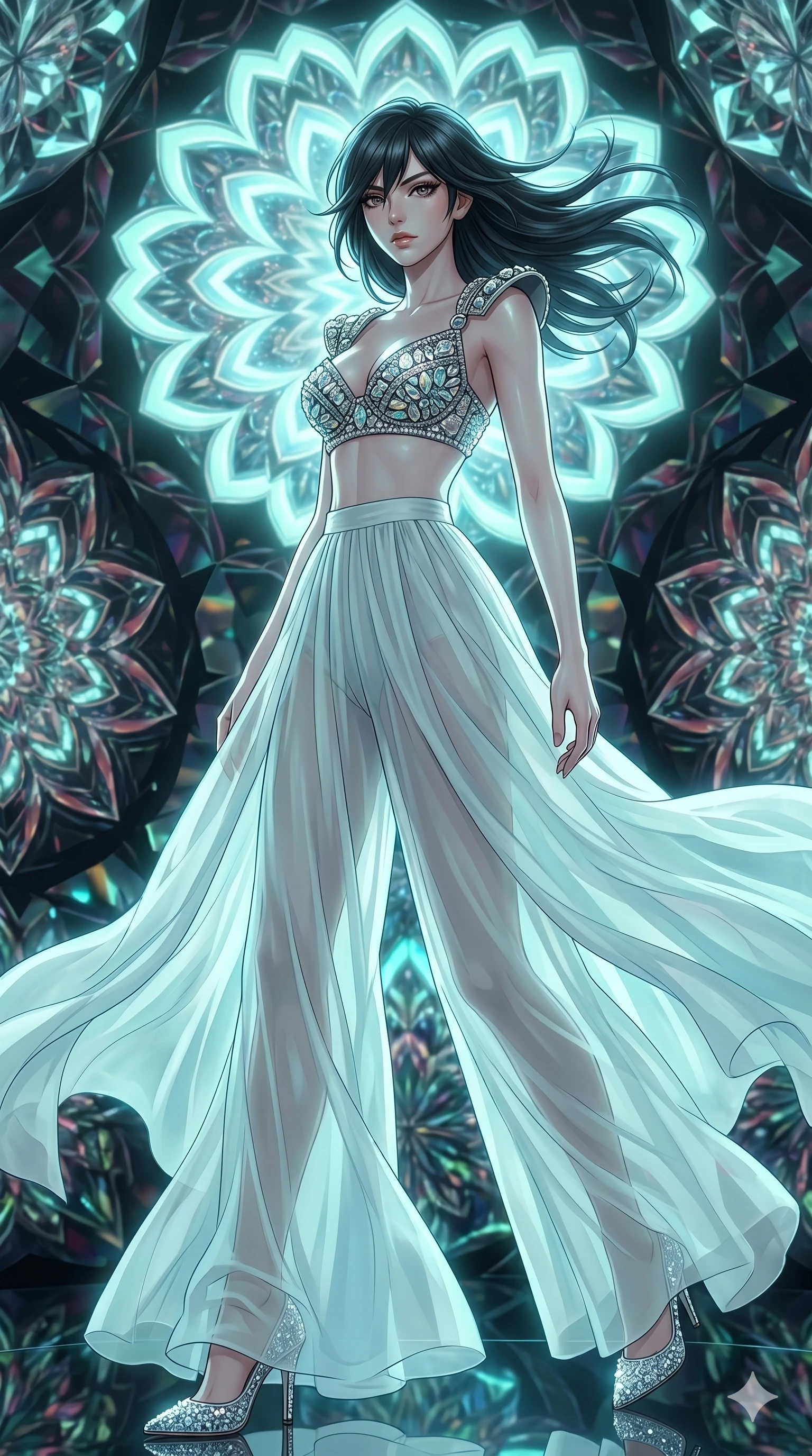 score_9, masterpiece, best quality, ultra-detailed, high-budget anime keyframe, editorial fashion photography, tasteful artistic composition, Caucasian woman, strictly human ears. low angle full-body shot from head to toe showing her feet, filling the entire 9:16 vertical frame with her statuesque presence, stretching her vertical silhouette. Pivoting sharply mid-step with hair sweeping dramatically behind within a rotating kaleidoscope chamber where mirrored petals form endlessly shifting mandalas. She has an absolutely perfect 8-heads proportion, an exceptionally tall and slender female figure with impossibly long slender legs and an ultra-slim waist. V-shaped jawline, high-bridge nose, intricate jewel-like eyes with depth, thick eyelashes, glossy lips with a natural sheen. wearing a hand-embellished crystal bralette top with architectural structured cups covered in Swarovski crystal and bold shoulder hardware, paired with flowing wide-leg palazzo trousers in sheer over-liner chiffon. illuminated by soft aqua bioluminescent light that makes her skin luminously glow against the dark. 2k, ultra detail, master piece, 9:16 ratio