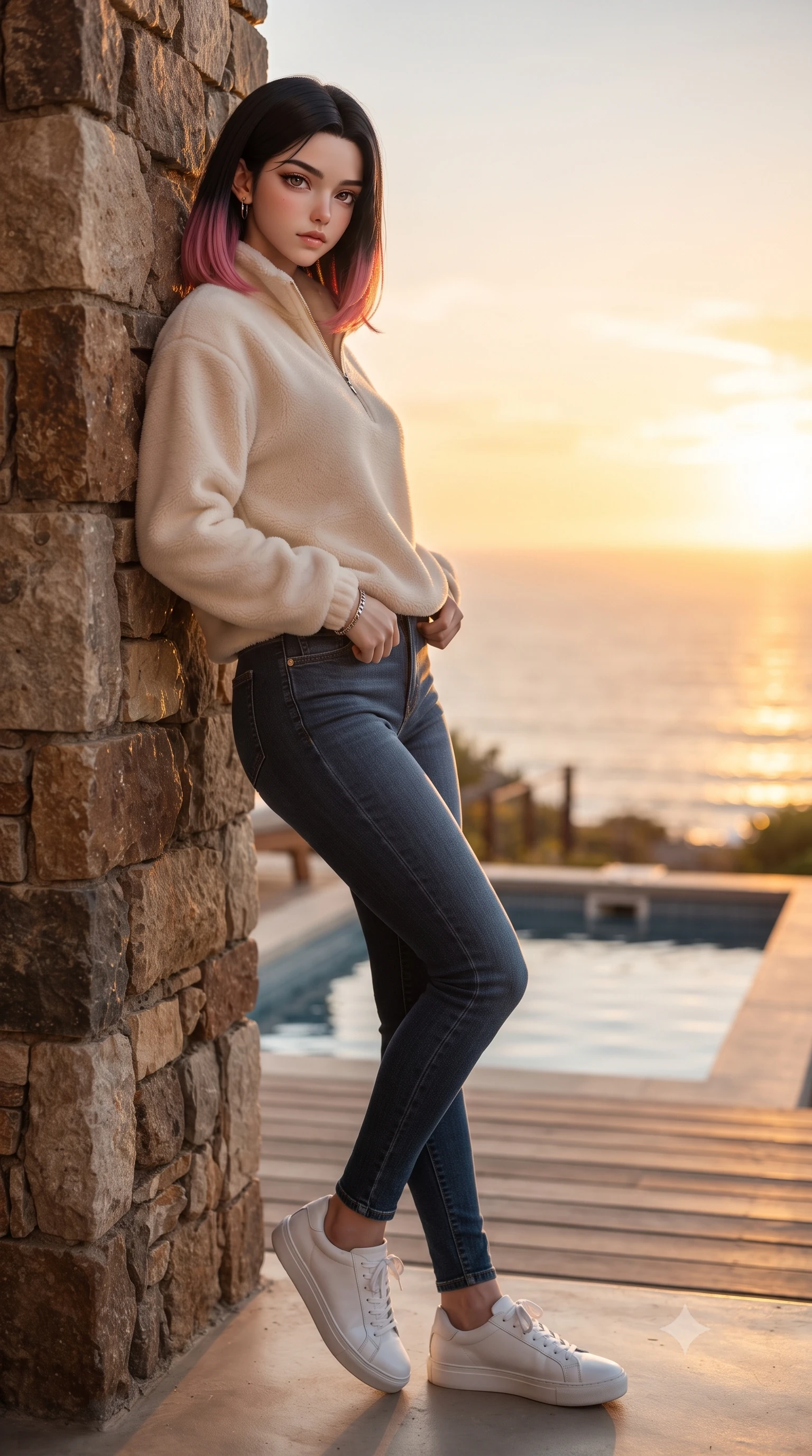 score_9, masterpiece, best quality, ultra-detailed, high-budget anime keyframe, editorial fashion photography, tasteful artistic composition, Korean woman woman. low angle full-body shot from head to toe showing her feet, filling the entire 9:16 vertical frame with her statuesque presence, stretching her vertical silhouette. leaning back against a rustic stone wall, casting a slow, alluring gaze at the camera the background shows a soft-focus a private splash pool on the balcony of a beach villa, looking at ocean horizon. She has an absolutely perfect, statuesque 8.5-heads proportion, an exceptionally tall and slender model-like female figure with impossibly long slender legs and an ultra-slim waist. sharp v-shaped jawline, high-bridge nose, intricate jewel-like eyes with depth, thick eyelashes, glossy lips with a natural sheen. wearing a form-contouring cozy cream fleece sweater over blue denim jeans. brilliant golden hour sunset tracing her silhouette with a soft glowing rim light. ultra-reflective glossy finish, specular highlights, metallic sheen, high-contrast stereoscopic depth, volumetric dynamic lighting, 2k, ultra detail, master piece, 9:16 ratio