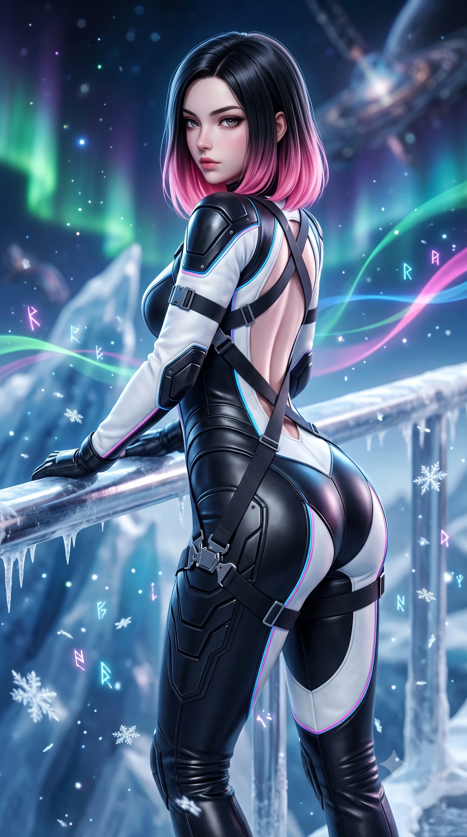 score_9, masterpiece, best quality, ultra-detailed, high-budget anime keyframe, semi-realistic 3D game render, editorial fashion photography, tasteful artistic composition, Korean woman. close-up cowboy shot from the waist and thighs up, the character dominates the composition, filling the frame with her large presence. leaning forward against the polished railing with her hips cocked back, creating an intoxicating curve from her narrow waist to sculpted hips as she gazes back into the lens while crouching low in a kinetic warrior stance on the ice ridge, her athletic feminine curves and sculpted glutes highlighted by aurora ribbons. The composition keeps background elements in soft focus with creamy bokeh. drifting frost crystal flakes and holographic rune glyphs scattering radiant celestial light motes. She has an exceptionally elegant, slender, and willowy female figure with an ultra-slim waist, a gracefully sculpted slender torso, toned flat midriff, and rounded feminine hips creating an alluring hourglass silhouette. sharp v-shaped jawline, high-bridge nose, intricate jewel-like eyes with depth, thick eyelashes, glossy parted lips with a natural sheen, intensely captivating and seductive bedroom-eyes expression, flawlessly proportioned anatomical accuracy, strict slender model proportions, natural body alignment, perfectly sculpted long slender limbs, ultra-slim waistline, clean dynamic posture without body distortion. wearing a daring open-back cybernetic combat jumpsuit with crossed elastic suspension straps in high-contrast black ski leather and arctic white, tailored from supple second-skin lambskin leather adhering to her curves, finished with quick-release titanium buckles and neon-reflective piping, the liquid-tight tailored fabric clinging flawlessly to her narrow waist and rounded feminine hips, emphasizing every millimeter of her sculpted hourglass curves during movement. surrounded by an indomitable, lethal, and breathtakingly majestic cyber-valkyrie goddess aura. highly saturated vibrant anime colors, detailed shading with soft gradients, rich glossy textures, high-contrast stereoscopic depth, volumetric dynamic lighting, master piece, 9:16 ratio