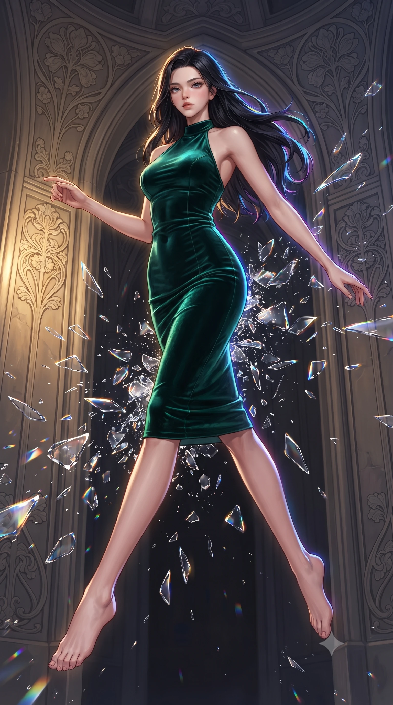 score_9, masterpiece, best quality, ultra-detailed, high-budget anime keyframe, editorial fashion photography, tasteful artistic composition, Korean woman. low angle full-body shot from head to toe showing her feet, filling the entire 9:16 vertical frame with her statuesque presence, stretching her vertical silhouette. leaping gracefully through the environment with statuesque elegance and long slender legs leaping through shattered liquid glass fragments in a illuminated cathedral, intricate floral Art Nouveau motifs decorating the surrounding stone. She has an absolutely perfect, statuesque 8.5-heads proportion, an exceptionally tall and slender model-like female figure with impossibly long slender legs and an ultra-slim waist. sharp v-shaped jawline, high-bridge nose, intricate jewel-like eyes with depth, thick eyelashes, glossy lips with a natural sheen. wearing a velvet halter-neck midi dress in deep emerald, following her form like a glove, the glove-like fit emphasizing her statuesque silhouette. illuminated by a warm golden key light and brilliant multi-color rim light. ultra-reflective glossy finish, specular highlights, metallic sheen, high-contrast stereoscopic depth, volumetric dynamic lighting, 2k, ultra detail, master piece, 9:16 ratio