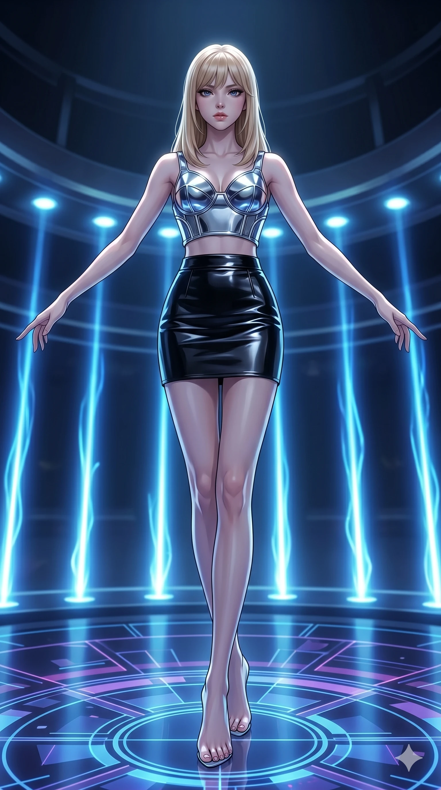 score_9, masterpiece, best quality, ultra-detailed, high-budget anime keyframe, editorial fashion photography, tasteful artistic composition, Japanese woman. low angle full-body shot from head to toe showing her feet, filling the entire 9:16 vertical frame with her statuesque presence, stretching her vertical silhouette. Balancing with elegant poise on tiptoe with arms extended at the center of a circular holographic arena where light pillars pulse rhythmically. She has an absolutely perfect 8-heads proportion, an exceptionally tall and slender female figure with impossibly long slender legs and an ultra-slim waist. V-shaped jawline, high-bridge nose, intricate jewel-like eyes with depth, thick eyelashes, glossy lips with a natural sheen. wearing a sculptural chrome-plated structured crop top with molded geometric cups and architectural side boning, paired with a high-waist black gloss leather mini skirt to mid-thigh. highlighted by pulsing electric blue plasma arc lighting from below, casting dramatic upward shadows. 2k, ultra detail, master piece, 9:16 ratio