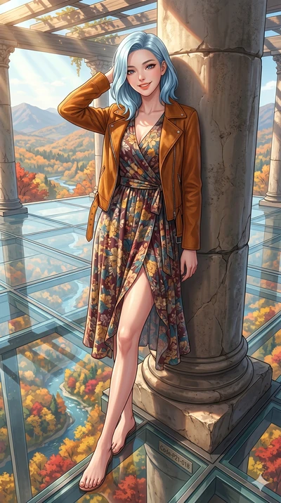 score_9, masterpiece, best quality, ultra-detailed, high-budget anime keyframe, vibrant anime aesthetic, Korean woman. low angle full-body shot from head to toe showing her feet, filling the entire 9:16 vertical frame with her statuesque presence, st
