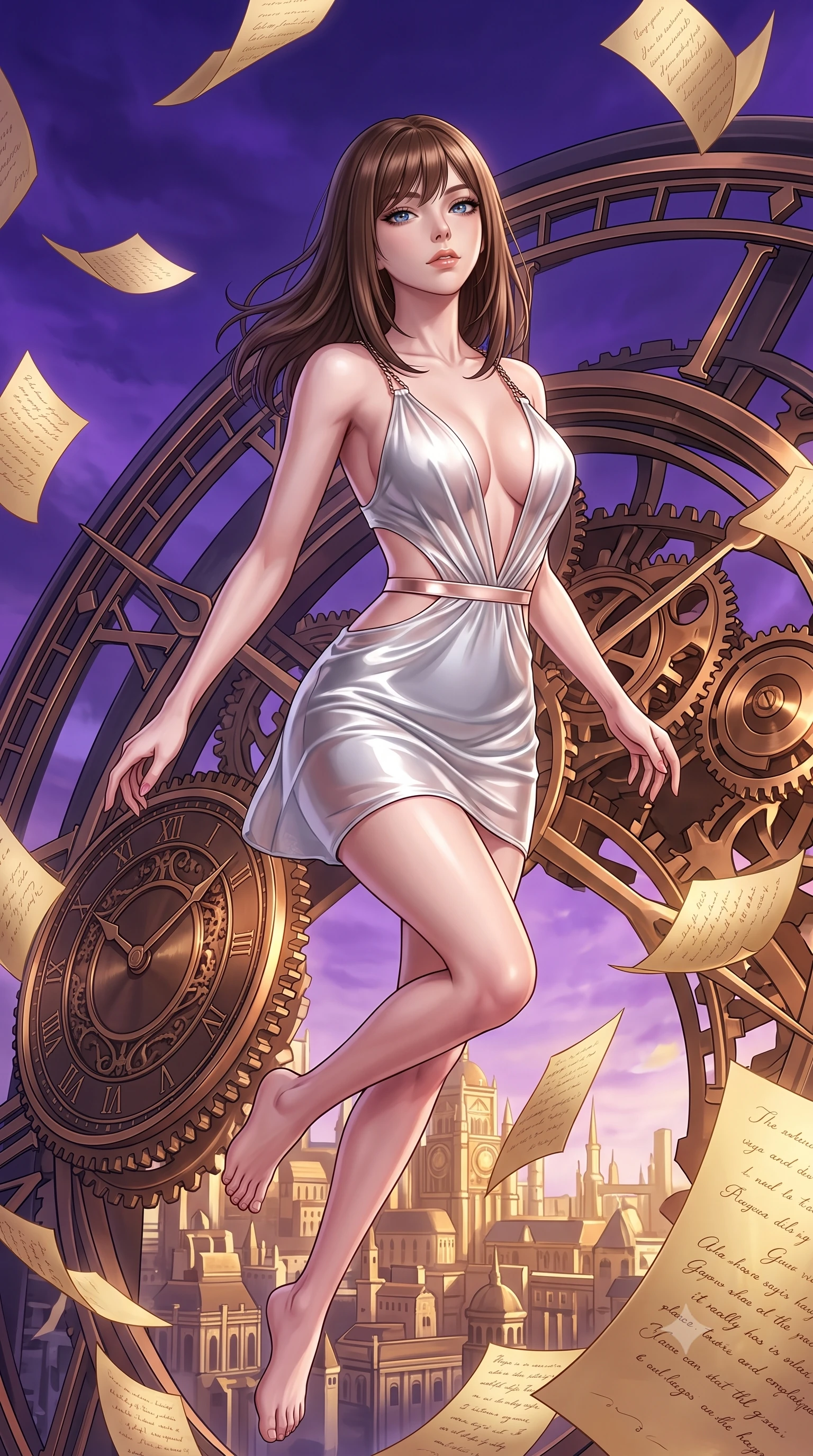 score_9, masterpiece, best quality, ultra-detailed, high-budget anime keyframe, editorial fashion photography, tasteful artistic composition, Korean woman. close-up cowboy shot from the waist and thighs up, the character dominates the composition, filling the frame with her large presence, background elements kept in soft focus. Tilting her chin up with an air of effortless superiority while balancing dynamically amidst the scene while leaping through the arc of a massive mechanical clock pendulum swinging over a golden city, golden paper manuscript pages fluttering around her in a dynamic tempest breeze. She has an exceptionally elegant, slender, and willowy female figure with an ultra-slim waist, a gracefully sculpted slender torso, and a refined silhouette. sharp v-shaped jawline, high-bridge nose, intricate jewel-like eyes with depth, thick eyelashes, glossy lips with a natural sheen, flawlessly proportioned anatomical accuracy, natural body alignment, perfectly sculpted elegant limbs, clean dynamic posture without body distortion. wearing a liquid mercury gloss mini dress with ultra-deep V-neck and waist cutouts in pearl white and rose gold, woven from fine semi-opaque sheer organza, adorned with delicate metallic chain straps along the neckline, the elegant draped fit framing her graceful clavicle and slender torso. surrounded by a contrast of deep violet sky and radiant bronze mechanical light. highly saturated vibrant anime colors, detailed shading with soft gradients, rich glossy textures, high-contrast stereoscopic depth, volumetric dynamic lighting, master piece, 9:16 ratio
