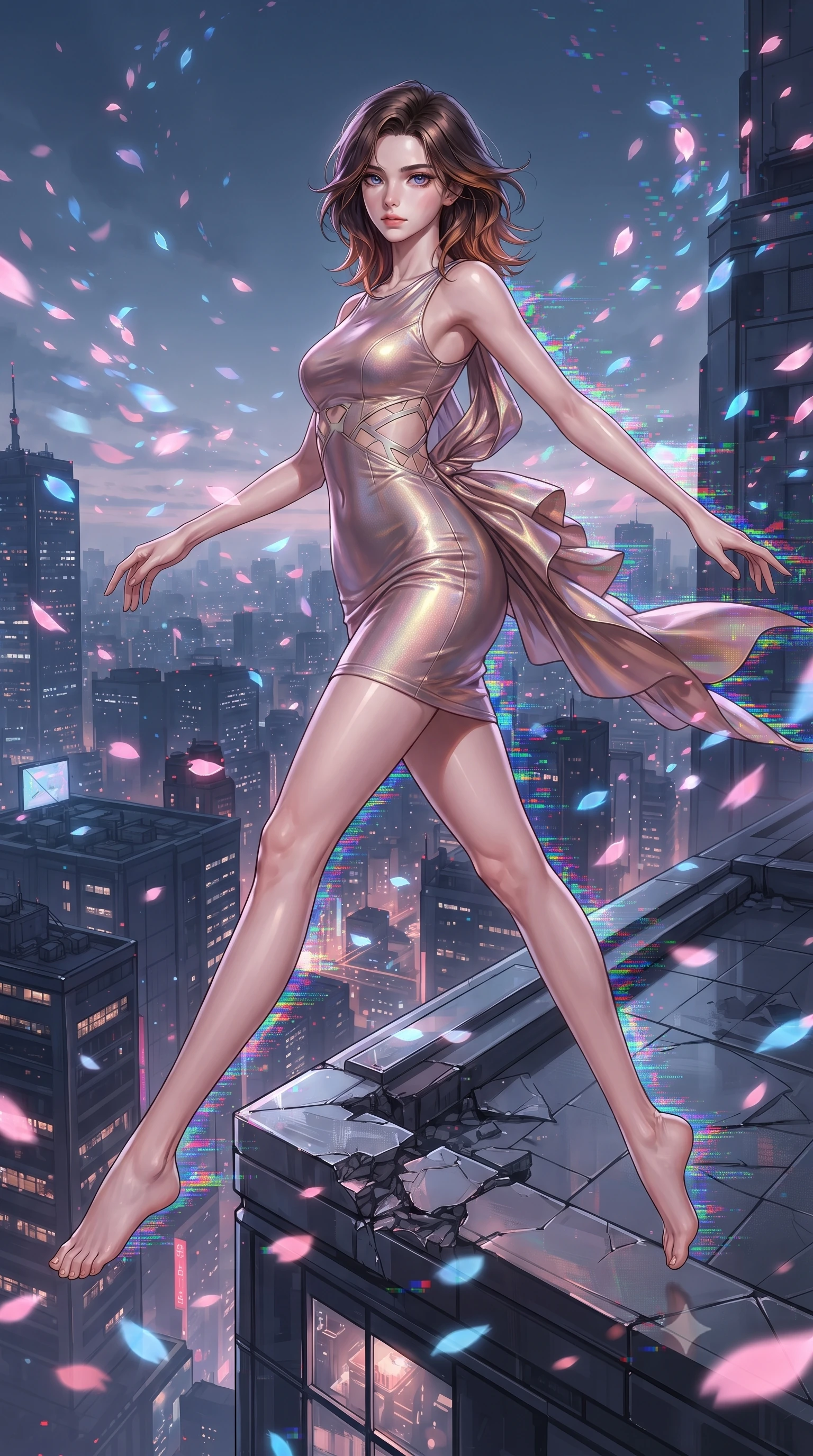 score_9, masterpiece, best quality, ultra-detailed, high-budget anime keyframe, editorial fashion photography, tasteful artistic composition, Korean woman. low angle full-body shot from head to toe showing her feet, filling the entire 9:16 vertical frame with her statuesque presence, stretching her vertical silhouette. pivoting dynamically in zero-gravity with fluid body alignment, displaying her perfect model proportions while leaping across the ledge of a skyscraper rooftop as digital sakura petals blizzard around her, RGB glitch noise patterns casting colorful pixel trails along her movement. She has an absolutely perfect, statuesque 8.5-heads proportion, an exceptionally tall and slender model-like female figure with impossibly long slender legs and an ultra-slim waist. sharp v-shaped jawline, high-bridge nose, intricate jewel-like eyes with depth, thick eyelashes, glossy lips with a natural sheen, flawlessly proportioned anatomical accuracy, natural body alignment, perfectly sculpted elegant limbs, clean dynamic posture without body distortion. wearing a precision-fitted liquid jersey bodycon dress with a graceful draped back in dusty rose and champagne gold, crafted from iridescent chiffon that shifts colors in the light, featuring subtle geometric cutouts that highlight her ultra-slim midriff, the elegant draped fit framing her graceful clavicle and slender torso. illuminated by glowing holographic sakura radiance and wet specular reflections. ultra-reflective glossy finish, specular highlights, metallic sheen, high-contrast stereoscopic depth, volumetric dynamic lighting, 2k, ultra detail, master piece, 9:16 ratio