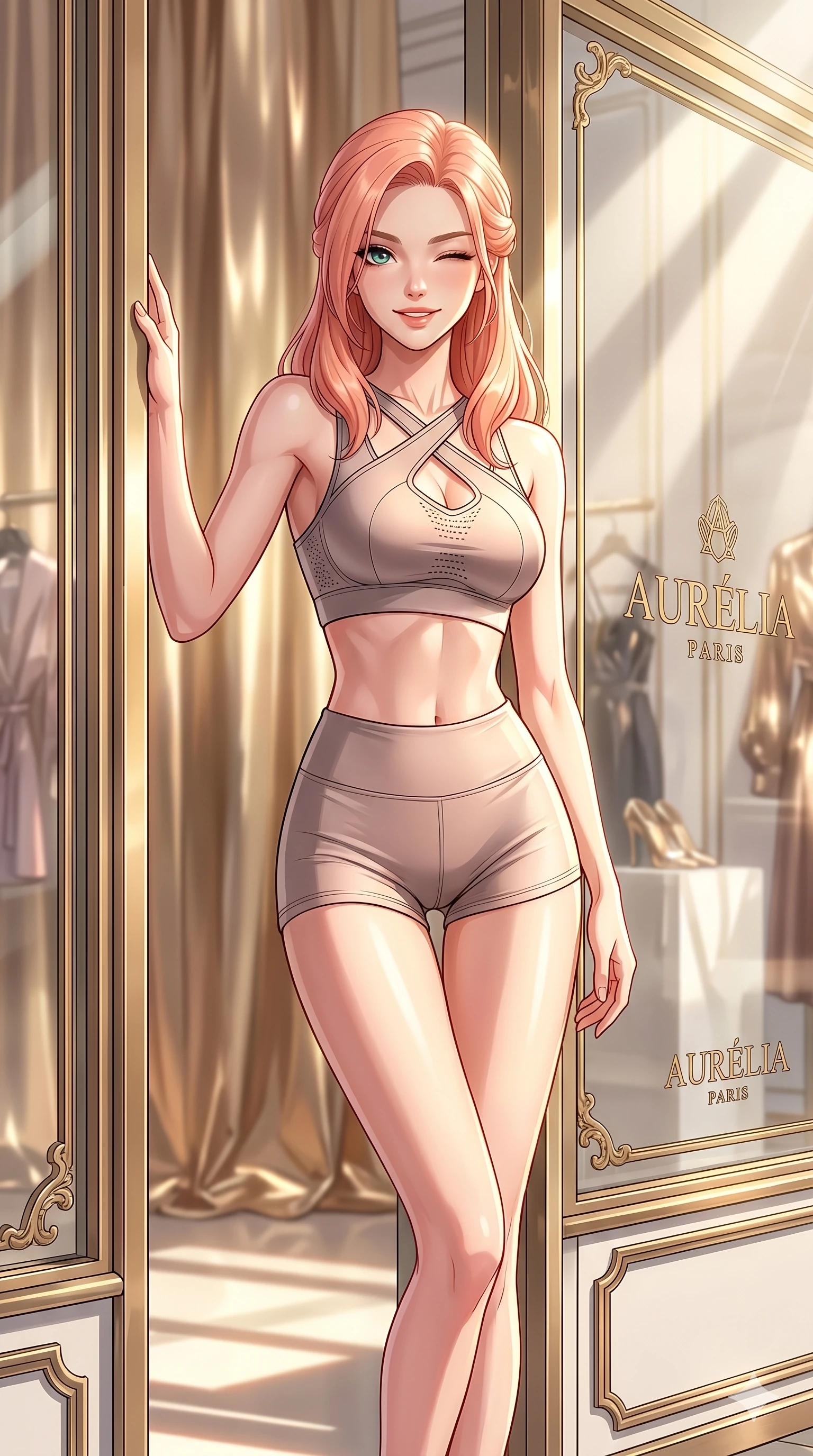 score_9, masterpiece, best quality, ultra-detailed, high-budget anime keyframe, vibrant anime aesthetic, Japanese woman. cowboy shot from the thighs up, character and outfit filling the frame for maximum presence. She is leaning against a boutique window, winking with a playful and lively expression inside a high-fashion studio with golden backdrops (Code-P20-094). She has an absolutely perfect 8-heads proportion, an exceptionally tall and slender female figure with impossibly long slender legs and an ultra-slim waist. V-shaped jawline, high-bridge nose, intricate jewel-like eyes with depth, thick eyelashes, glossy lips with a natural sheen. wearing a skin-tight activewear set with sports bra and micro-shorts. She is illuminated by bright, direct sunbeams in a photography studio, creating clean outlines. 2k, ultra detail, master piece, 9:16 ratio