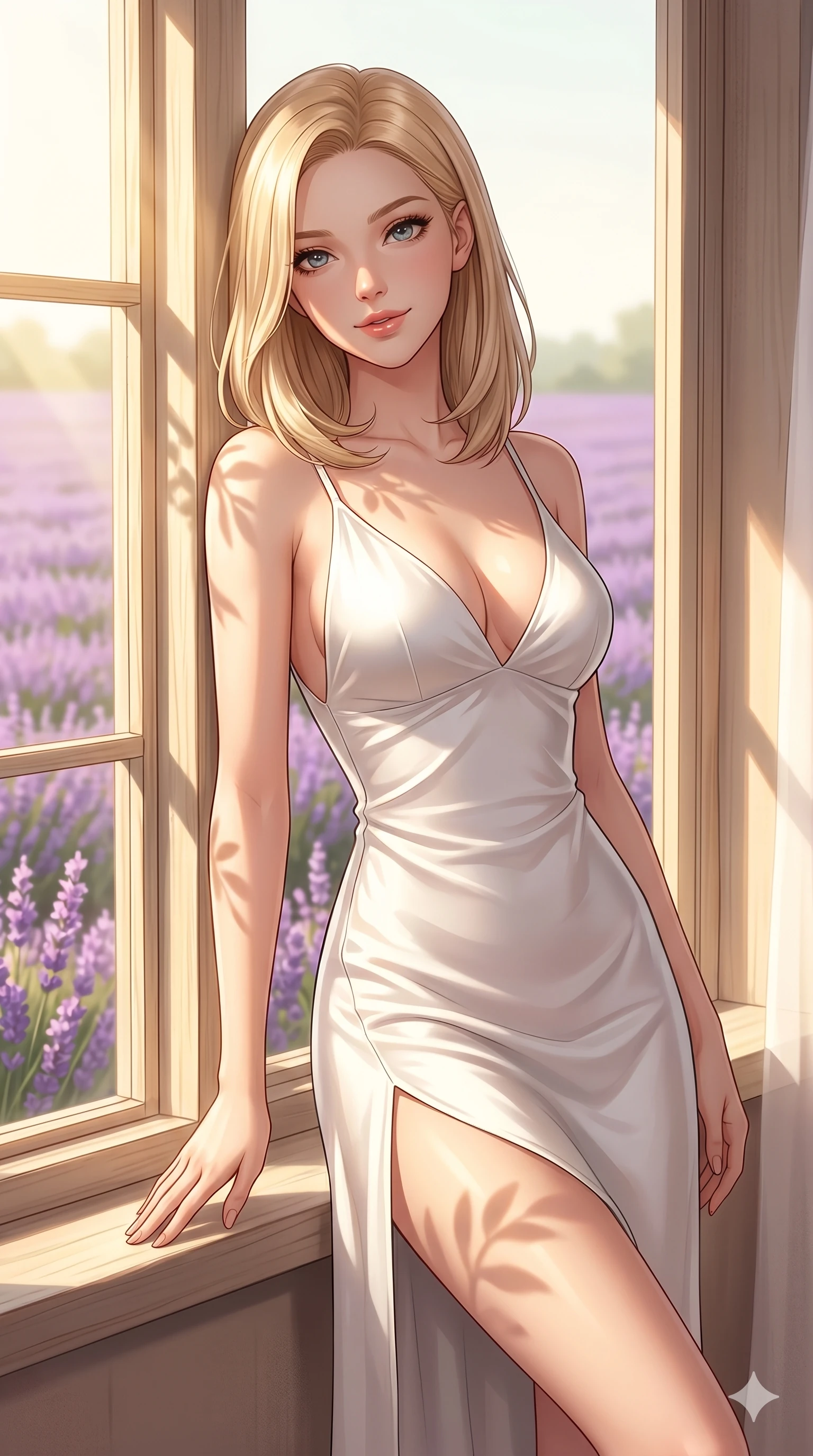 score_9, masterpiece, best quality, ultra-detailed, high-budget anime keyframe, editorial fashion photography, tasteful artistic composition, Korean woman. cowboy shot from the thighs up, character and outfit filling the frame for maximum editorial presence. leaning against the wooden window frame, looking at the viewer with a soft, inviting smile inside a sunlit private bedroom overlooking a field of lavender (Code-P16-149). She has an absolutely perfect 8-heads proportion, an exceptionally tall and slender female figure with impossibly long slender legs and an ultra-slim waist. V-shaped jawline, high-bridge nose, intricate jewel-like eyes with depth, thick eyelashes, glossy lips with a natural sheen. wearing a white silk slip dress with a plunging V-neckline and a high side slit to mid-thigh. bathed in warm, golden afternoon sunbeams, casting soft organic leaf shadows on her skin. 2k, ultra detail, master piece, 9:16 ratio