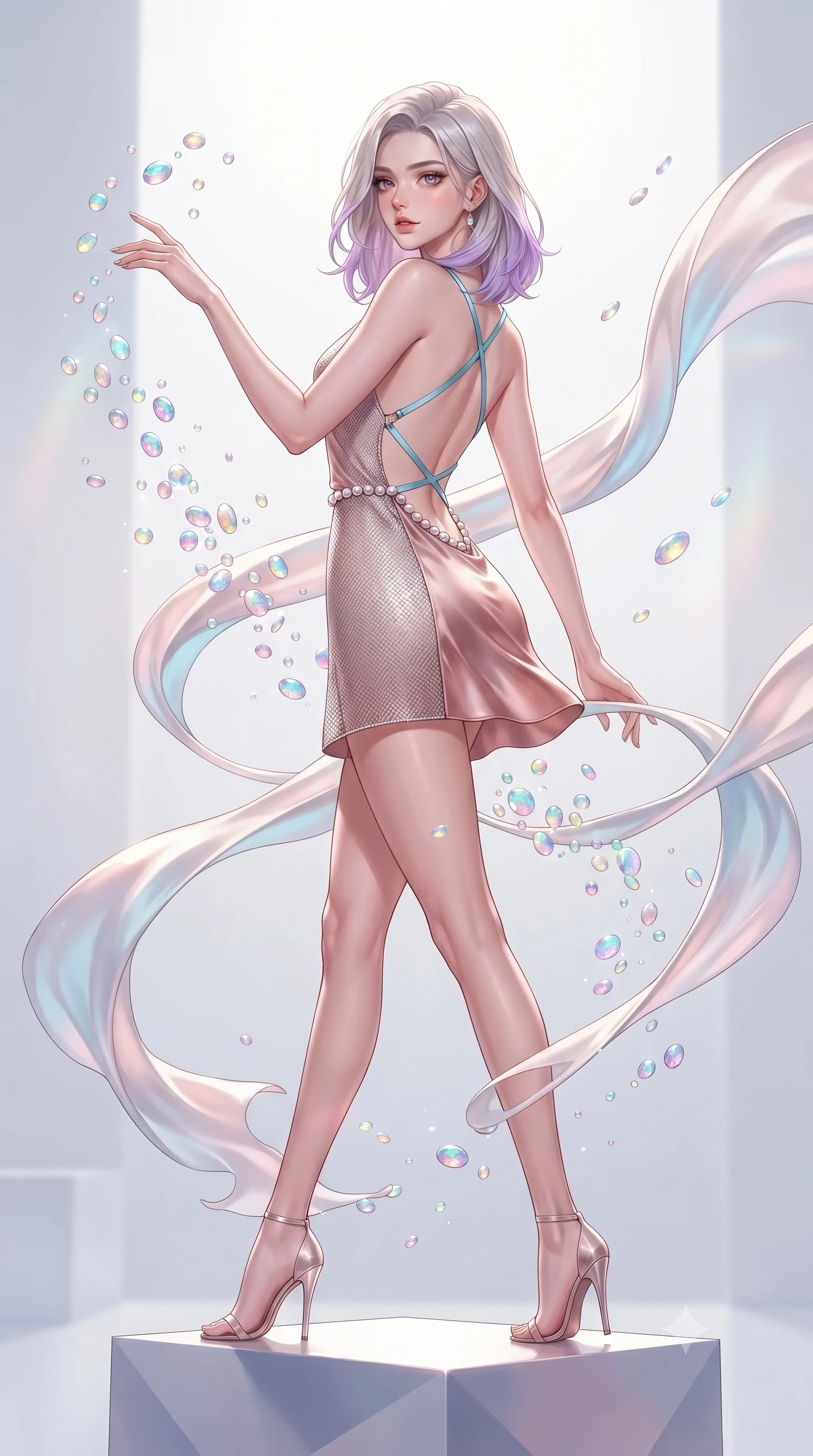 score_9, masterpiece, best quality, ultra-detailed, high-budget anime keyframe, editorial fashion photography, tasteful artistic composition, Caucasian woman. low angle full-body shot from head to toe showing her feet, filling the entire 9:16 vertical frame with her statuesque presence, stretching her vertical silhouette. interacting with floating opal particles, her long slender legs poised in motion, poised on a geometric pedestal as floating silk ribbons wrap around her silhouette, zero-gravity fabric movement paths creating dynamic lead lines. She has an absolutely perfect, statuesque 8.5-heads proportion, an exceptionally tall and slender model-like female figure with impossibly long slender legs and an ultra-slim waist. sharp v-shaped jawline, high-bridge nose, intricate jewel-like eyes with depth, thick eyelashes, glossy lips with a natural sheen. wearing dramatically scooped backless rose-gold satin mini dress with criss-cross straps in sky blue turquoise, made of fine silver contouring mesh, adorned with minimalist pearl hardware framing the waistline, highlighting her statuesque proportions and ultra-slim waistline. bathed in bright white studio lighting with delicate pastel highlights. highly saturated vibrant anime colors, detailed shading with soft gradients, rich glossy textures, high-contrast stereoscopic depth, volumetric dynamic lighting, master piece, 9:16 ratio