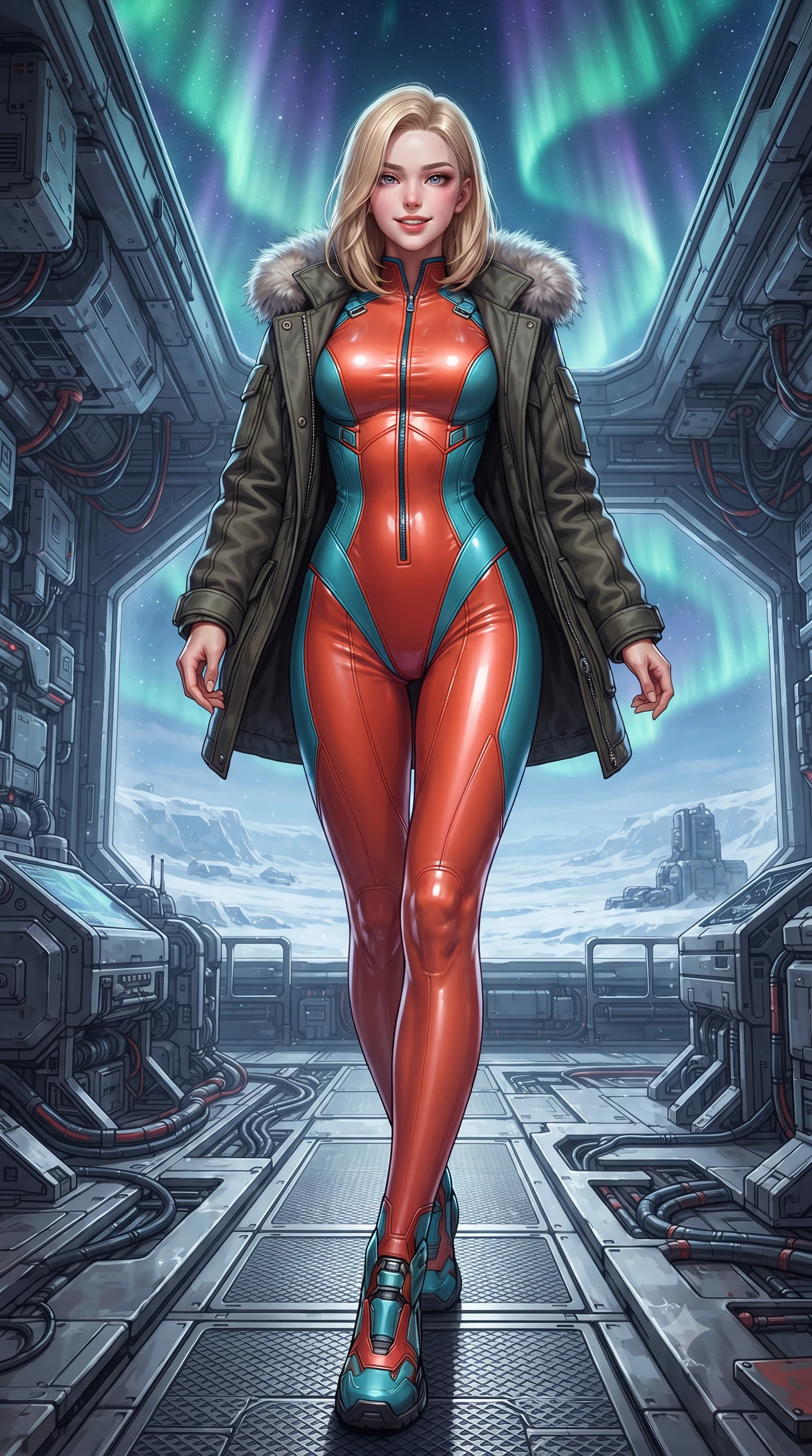 score_9, masterpiece, best quality, ultra-detailed, high-budget anime keyframe, editorial fashion photography, tasteful artistic composition, Korean woman. low angle full-body shot from head to toe showing her feet, filling the entire 9:16 vertical frame with her statuesque presence, stretching her vertical silhouette. stepping forward in a confident stride, her long slender legs and curvaceous hips creating a dynamic, sweeping vertical line while twisting her slender torso in an alluring S-curve, celestial green and violet auroral waves playing across her flat midriff and hourglass curves. The surrounding environment is rendered in vivid detail and crisp panoramic clarity: detailed wool-blend thermal officer tailoring, fur-lined collar trim, and extreme-weather outpost engineering in high resolution. She has an exceptionally tall and slender model-like 8.5-heads proportion, an ultra-slim waist, a flat toned midriff, narrow delicate ribcage, and beautifully sculpted feminine hips creating a graceful, slim hourglass silhouette without any bulky heaviness, with impossibly long slender legs. sharp v-shaped jawline, high-bridge nose, intricate jewel-like sparkling eyes with depth, thick eyelashes, glossy parted lips with a natural peach sheen, bright cheerful beaming smile with an enchanting and coquettish sensual glint, exuding both youthful cute charm and seductive allure, flawlessly proportioned anatomical accuracy, strict slender model proportions, natural body alignment, perfectly sculpted long slender limbs, ultra-slim waistline, clean dynamic posture without body distortion. wearing an ultra-sleek second-skin tactical combat bodysuit made of liquid-gloss neoprene with reinforced ribcage contouring seams hugging her hourglass figure in cyber-shinto vermilion and laser turquoise, woven from buttery-soft stretch lambskin leather adhering to her body like a second skin, finished with sleek magnetic buckle closures fluttering in the breeze, the impeccably tailored cut draping gracefully along her slender figure with aristocratic poise. illuminated by snow crust reflection bounce and sharp aurora-emerald rim lights sculpting her jawline, narrow waist, and curvy hips. ultra-reflective glossy finish, specular highlights, rich textural contrasts, high-contrast stereoscopic depth, volumetric dynamic lighting, 2k, ultra detail, master piece, 9:16 ratio
