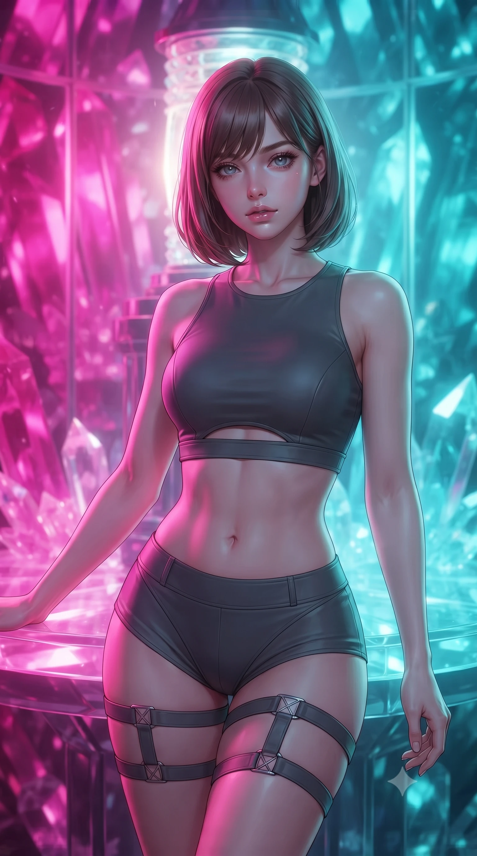 score_9, masterpiece, best quality, ultra-detailed, high-budget anime keyframe, editorial fashion photography, tasteful artistic composition, Caucasian woman, strictly human ears. close-up cowboy shot from the waist and thighs up, the character dominates the composition, filling the frame with her large presence, background elements kept in soft focus. Resting one arm elegantly against a surface with a poised relaxed stance. set against a soft-focus background of inside a lighthouse constructed entirely of translucent quartz crystal during a fierce oceanic storm with the structure's light refracting through every crystal surface creating a beacon that transforms the entire tower into a glowing prism. She has an exceptionally elegant and slender, willowy female figure with an ultra-slim waist, a gracefully sculpted slender torso, and a refined slim physique. sharp v-shaped jawline, high-bridge nose, intricate jewel-like eyes with depth, thick eyelashes, glossy lips with a natural sheen. wearing a cyber-tactical crop top in dark grey with a subtle waist cutout, paired with matching high-cut shorts and thigh straps. dual-tone lighting with hot magenta from the left and cool cyan from the right. 2k, ultra detail, master piece, 9:16 ratio