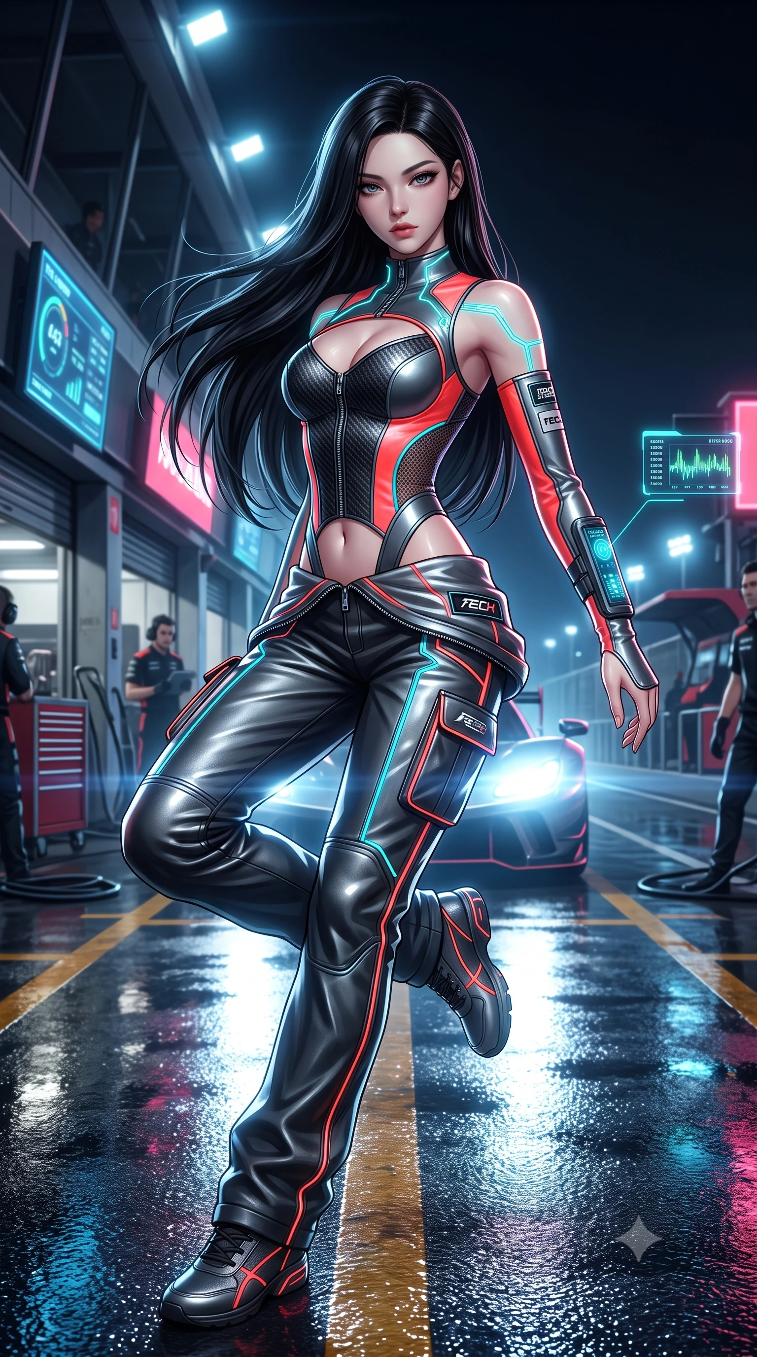 score_9, masterpiece, best quality, ultra-detailed, high-budget anime keyframe, semi-realistic 3D game render, editorial fashion photography, tasteful artistic composition, Korean woman. low angle full-body shot from head to toe showing her feet, filling the entire 9:16 vertical frame with her statuesque presence, stretching her vertical silhouette. reclining back languidly with one knee bent and spine arched in a breathtaking dancer line, commanding the entire 9:16 vertical frame while striding dynamically along the wet pitlane pavement as incoming headlights cast long, cinematic specular reflections. The surrounding environment is rendered in vivid detail and crisp panoramic clarity. detailed leather racing suit sponsor patches, zipper teeth, and glowing telemetry HUD screens in high resolution. She has an absolutely perfect, statuesque 8.5-heads proportion, an exceptionally tall and slender model-like female figure with impossibly long slender legs, a toned flat midriff, and an ultra-slim waist. sharp v-shaped jawline, high-bridge nose, intricate jewel-like eyes with depth, thick eyelashes, glossy parted lips with a natural sheen, intensely captivating and seductive expression, flawlessly proportioned anatomical accuracy, strict slender model proportions, natural body alignment, perfectly sculpted long slender limbs, ultra-slim waistline, clean dynamic posture without body distortion. wearing a deconstructed carbon-fiber corset top paired with low-slung leather utility trousers in metallic gunmetal and blazing neon coral, made of breathable technical athletic mesh and liquid-finish track nylon, finished with glowing cyan circuit lines tracing her collarbones and shoulders, the precision-cut daring openings accentuating her delicate midriff, graceful bare collarbones, and ultra-slim feminine waistline. bathed in high-intensity xenon hypercar headlights and neon pitlane floodlights. highly saturated vibrant anime colors, detailed shading with soft gradients, rich glossy textures, high-contrast stereoscopic depth, volumetric dynamic lighting, master piece, 9:16 ratio