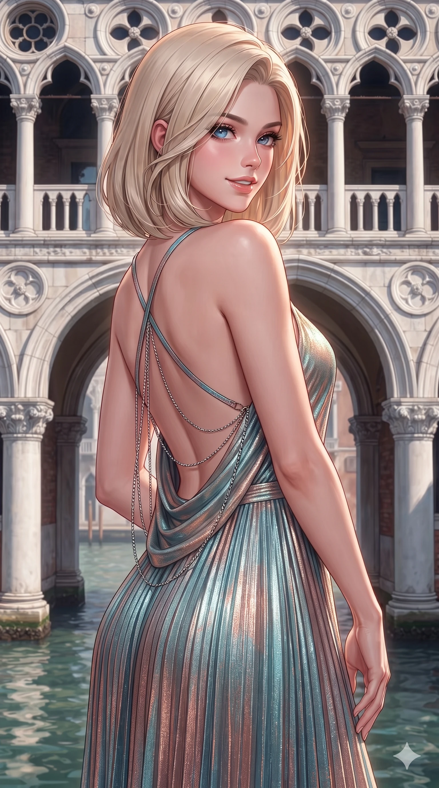 score_9, masterpiece, best quality, ultra-detailed, high-budget anime keyframe, semi-realistic 3D game render, editorial fashion photography, tasteful artistic composition, Caucasian woman. close-up cowboy shot from the waist and thighs up, the character dominates the composition, filling the frame with her large presence. turning over a bare shoulder with an intoxicating, teasing smile, her soft hair framing her sharp jawline as her hips angle gracefully in a captivating contrapposto while standing poised between towering Venetian Gothic tracery arches, twisting her slender torso in an alluring contrapposto stance above the water. The surrounding environment is rendered in vivid detail and crisp panoramic clarity: detailed anime keyframe lines, rich fabric textures, and historic Venetian architecture in razor-sharp precision. She has an exceptionally elegant, slender, and willowy female figure with an ultra-slim waist, flat toned midriff, narrow ribcage, and sculpted feminine hips creating an alluring, slim hourglass silhouette without bulk. sharp v-shaped jawline, high-bridge nose, intricate jewel-like eyes with depth, thick eyelashes, glossy parted lips with a natural sheen, intensely captivating and seductive bedroom-eyes expression, flawlessly proportioned anatomical accuracy, strict slender model proportions, natural body alignment, perfectly sculpted long slender limbs, ultra-slim waistline, clean dynamic posture without body distortion. wearing a shimmering pleated metallic lamé gown with delicate crossover back straps and regal silhouette in Venetian aquamarine silk and rose gold, tailored from water-resistant treated wool gabardine and flexible stretch silk, accented with an open-back drape framed by falling strands of delicate chrome chains, the bespoke structured tailoring following the natural line of her 8.5-heads silhouette with refined elegance. highly saturated vibrant anime colors, detailed shading with soft gradients, crisp rim lighting defining her jawline, narrow waist, and curvy hips. highly saturated vibrant anime colors, detailed shading with soft gradients, rich glossy textures, high-contrast stereoscopic depth, volumetric dynamic lighting, master piece, 9:16 ratio