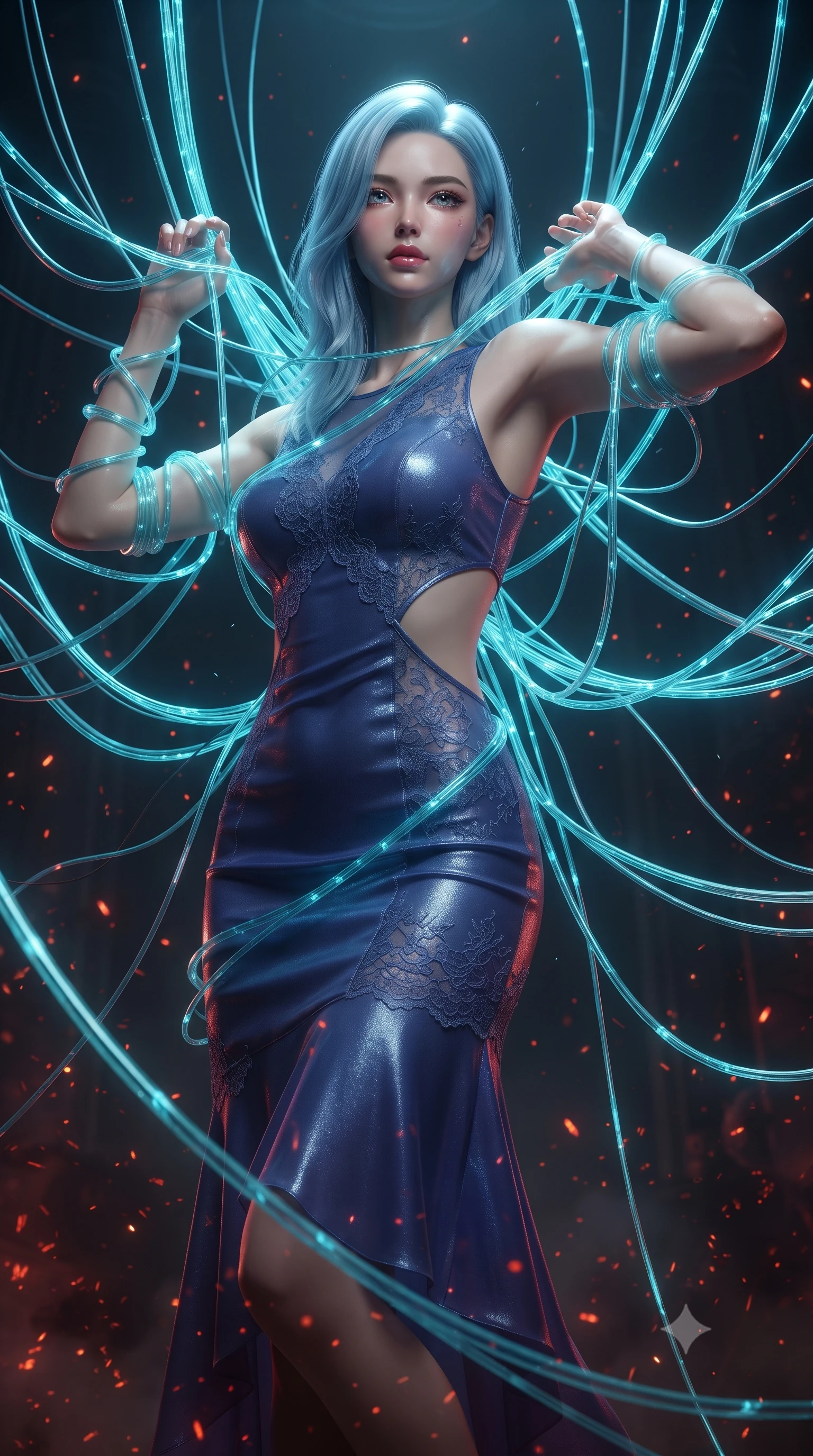 score_9, masterpiece, best quality, ultra-detailed, High-budget Anime Keyframe, editorial fashion photography, tasteful artistic composition, realistic cosplay photography, East Asian woman. Low angle cowboy shot filling the entire 9:16 frame with her statuesque presence. Scenario 366: tangled in a web of glowing cyan fiber-optic cables inside a quiet chamber filled with glowing embers and floating ash particles. Her presence is magnetic and overpowering in this high-budget cinematic scene. Outfit 366: a slim-fit shimmering chiffon liquid with a strategic side cut-outs and delicate lace embroidery. The clothing is designed to emphasize her exceptionally tall and slender 8-heads proportion. 8-heads proportion, towering silhouette, ultra-slim waist. sharp v-shaped jawline, intricate jewel-like eyes with depth, thick eyelashes, glossy lips. ultra-reflective glossy finish, specular highlights, metallic sheen, high-contrast stereoscopic depth, volumetric dynamic lighting, 2k, ultra detail, master piece, 9:16 ratio