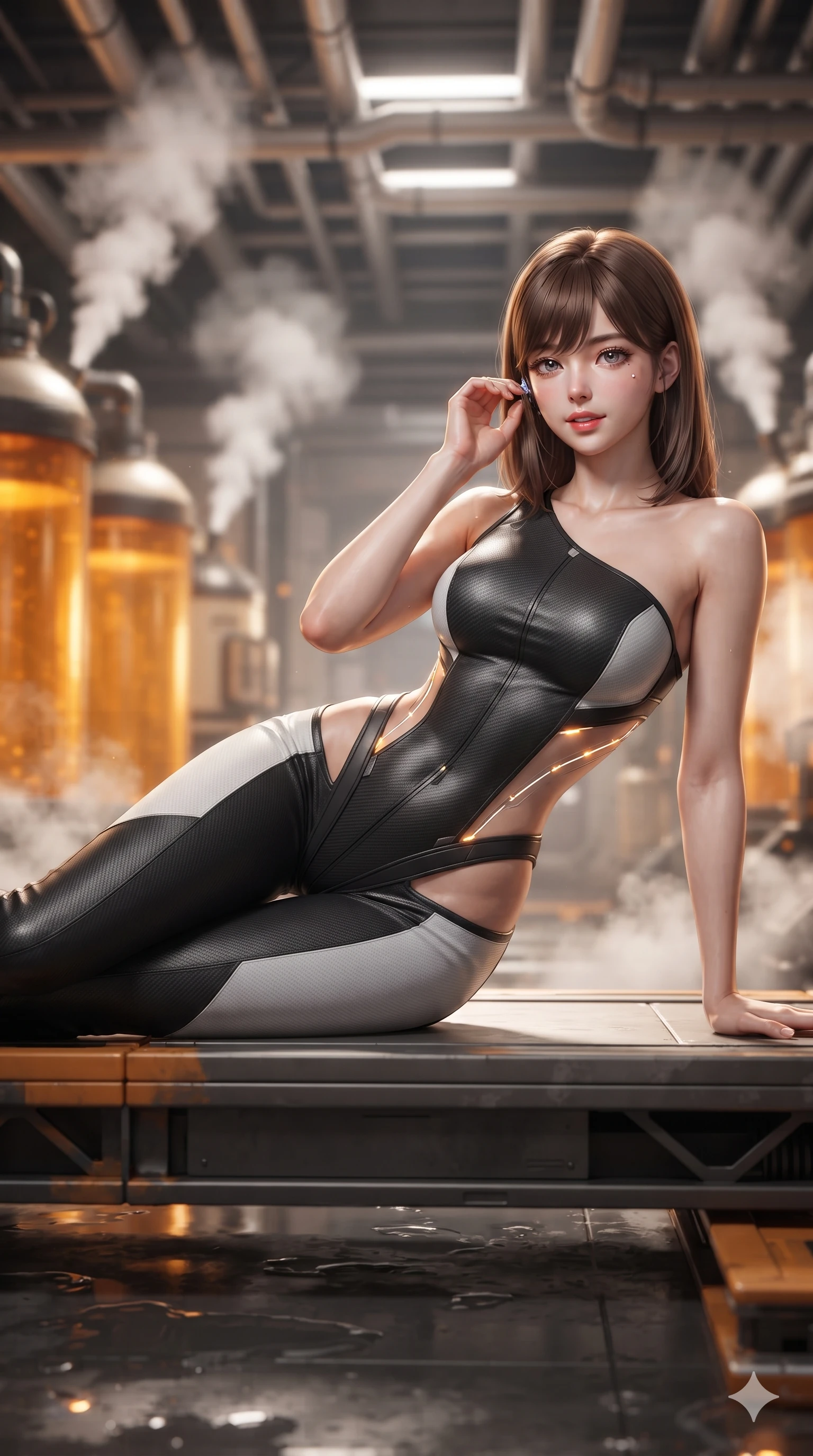 score_9, masterpiece, best quality, ultra-detailed, high-budget anime keyframe, editorial fashion photography, tasteful artistic composition, Korean woman. close-up cowboy shot from the waist and thighs up, the character dominates the composition, filling the frame with her large presence. arching her spine with dancer poise, one hand adjusting her ear comm-link in a flirtatious S-curve with parted glossy lips while reclining gracefully on an elevated maintenance platform propped on one elbow with legs extended, radiating sovereign sci-fi allure. The background shows a soft-focus towering amber coolant fluid cylinders, criss-crossing overhead piping networks, and venting white steam plumes blurred into amber, cream, and charcoal bokeh. She has an exceptionally elegant, slender, and willowy female figure with an ultra-slim waist, flat toned midriff, narrow ribcage, and sculpted feminine hips creating an alluring, slim hourglass silhouette without bulk. sharp v-shaped jawline, high-bridge nose, intricate jewel-like sparkling eyes with depth, thick eyelashes, glossy parted lips with a natural sheen, bright confident smile with an enchanting and coquettish sensual glint, exuding both youthful magnetic charm and sovereign high-tech allure, flawlessly proportioned anatomical accuracy, strict slender model proportions, natural body alignment, perfectly sculpted long slender limbs, ultra-slim waistline, clean dynamic posture without body distortion. wearing an asymmetric one-shoulder combat catsuit with carbon-weave paneling and an open-waist architecture emphasizing her hips in dual-tone high-contrast monochrome black and stark white, crafted from lightweight aerodynamic matte carbon-fiber weave with structural stiffness, accented with illuminated micro-fiber optic circuit threads tracing along her ribs and spine, the bespoke structured tailoring following the natural line of her 8.5-heads silhouette with refined elegance. illuminated by floor puddle reflections and sharp amber-white rim lights carving her sculpted collarbones, ultra-slim waist, and curvy hips. ultra-reflective glossy finish, specular highlights, rich textural contrasts, high-contrast stereoscopic depth, volumetric dynamic lighting, 2k, ultra detail, master piece, 9:16 ratio