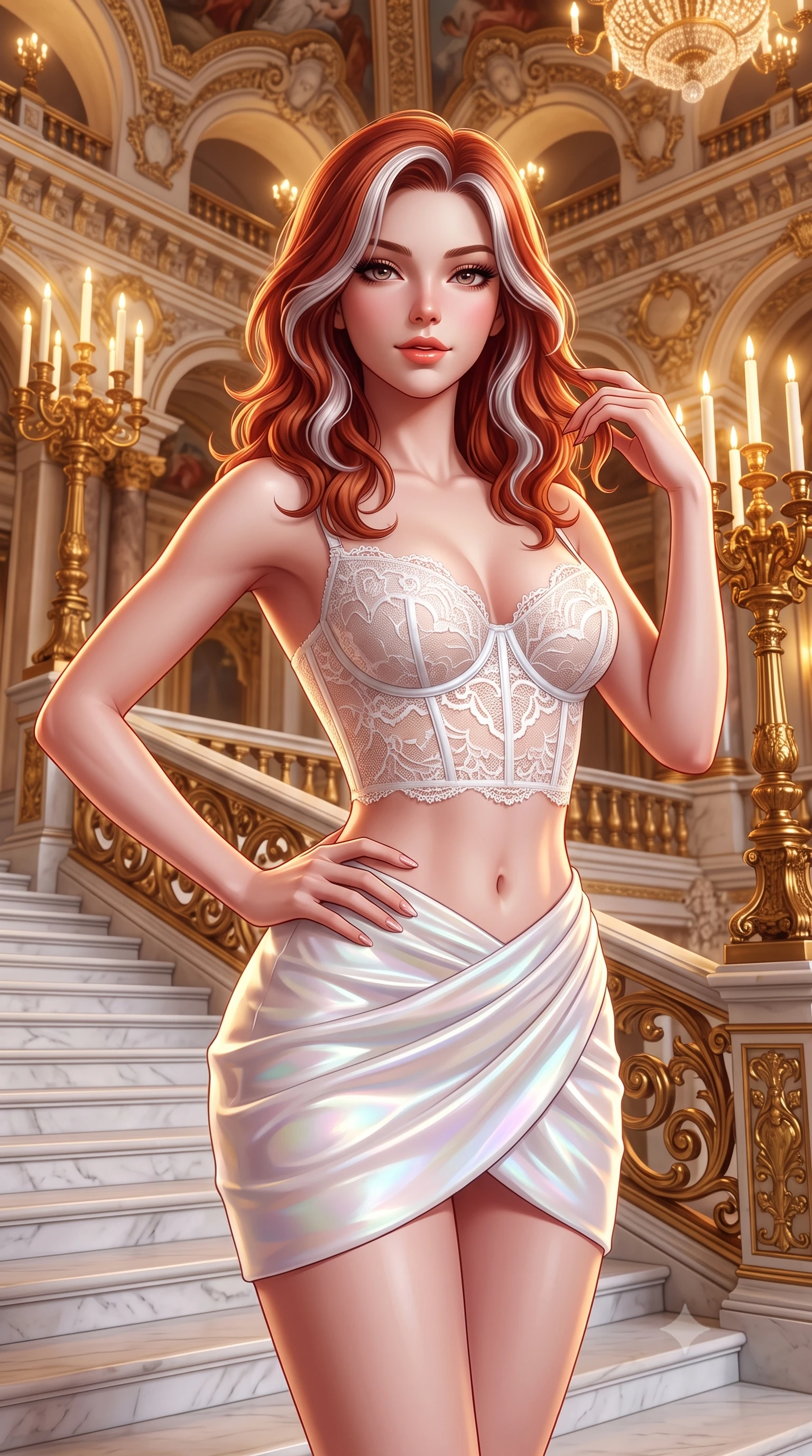 score_9, masterpiece, best quality, ultra-detailed, high-budget anime keyframe, semi-realistic 3D game render, editorial fashion photography, tasteful artistic composition, Caucasian woman. close-up cowboy shot from the waist and thighs up, the character dominates the composition, filling the frame with her large presence. twisting her slender torso in an alluring contrapposto stance, one hand resting on her sculpted hip while her fingers toy with her hair with effortless poise while twisting her slender torso in an alluring S-curve, towering gilded torchères and ceiling frescoes reflecting off her narrow waist and curvy hips. The surrounding environment is rendered in vivid detail and crisp panoramic clarity: sharp white marble stair treads, intricate gilded bronze baluster scrollwork, and ceiling stucco details in deep focus. She has an exceptionally elegant, slender, and willowy female figure with an ultra-slim waist, flat toned midriff, narrow ribcage, and sculpted feminine hips creating an alluring, slim hourglass silhouette without bulk. sharp v-shaped jawline, high-bridge nose, sparkling eyes with hypnotic seductive depth, thick curled eyelashes, glossy parted lips with a natural dewy peach sheen, alluring bedroom-eyes with an enchanting coquettish smile, exuding magnetic siren charisma and sophisticated glamour, flawlessly proportioned anatomical accuracy, strict slender model proportions, natural body alignment, perfectly sculpted long slender limbs, ultra-slim waistline, clean dynamic posture without body distortion. wearing a sculpted underwire demi-bustier in semi-sheer lace paired with an ultra-short draped tulip skirt in pure alabaster with iridescent mother-of-pearl sheen, made of delicate semi-sheer French Chantilly lace with intricate eyelash edges, finished with scalloped eyelash lace trim framing her sweetheart neckline with intimate elegance, the high-slit wrap tailoring accentuating her ultra-slim waistline and the enchanting curve of her feminine hips with alluring seductive charm. bathed in warm golden light from towering bronze candelabras and overhead palace chandeliers. highly saturated vibrant anime colors, detailed shading with soft gradients, rich glossy textures, high-contrast stereoscopic depth, volumetric dynamic lighting, master piece, 9:16 ratio