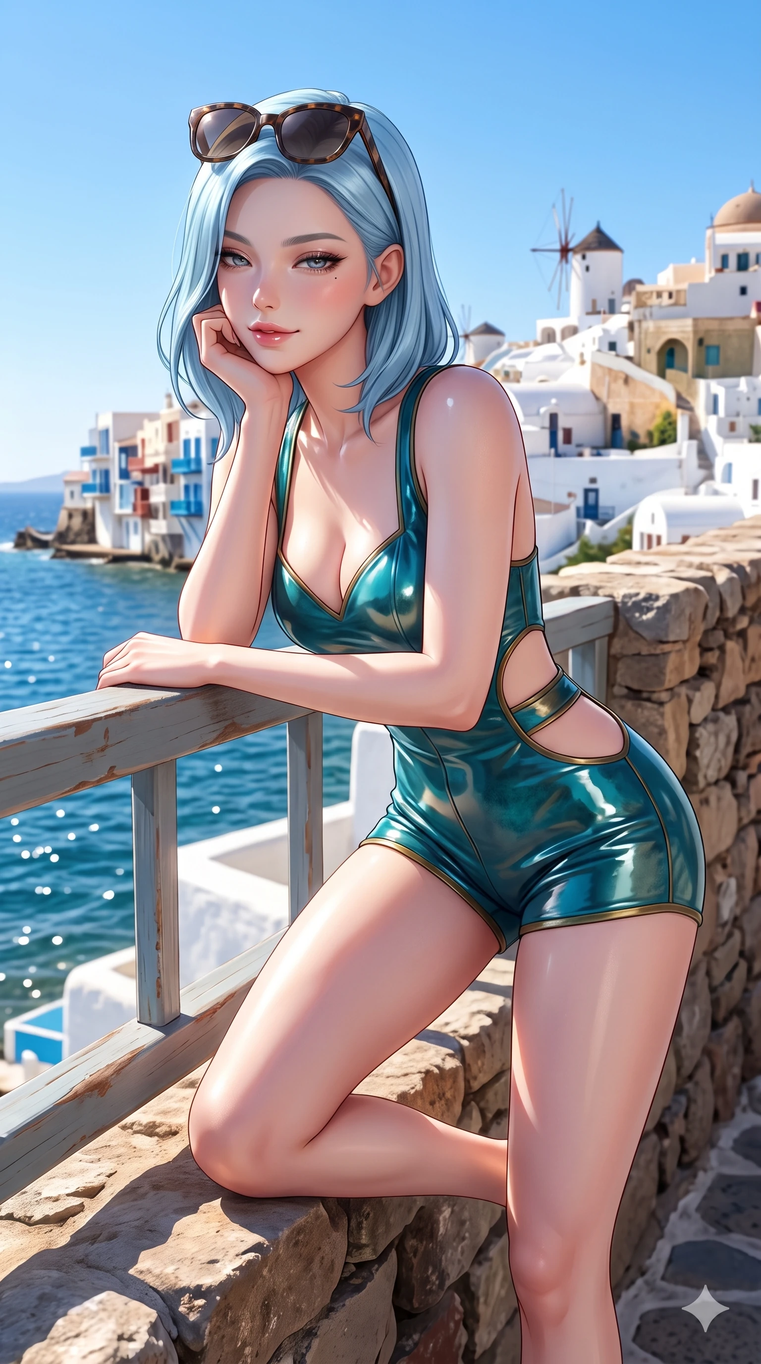score_9, masterpiece, best quality, ultra-detailed, high-budget anime keyframe, semi-realistic 3D game render, editorial fashion photography, tasteful artistic composition, Korean woman. close-up cowboy shot from the waist and thighs up, the character dominates the composition, filling the frame with her large presence. resting one elbow on the yacht railing and supporting her chin, leaning close to the camera with heavy-lidded sparkling eyes and parted lips while perched sideways on the rustic stone wall overlooking Little Venice, one knee drawn up to showcase her slender leg line while her arched back accentuates her feminine curves. The surrounding environment is rendered in vivid detail and crisp panoramic clarity: detailed plunging zip rashguard cling, glossy lip sheen, and classic Cycladic architecture in razor-sharp precision. She has an exceptionally elegant, slender, and willowy female figure with an ultra-slim waist, flat toned midriff, narrow ribcage, and sculpted feminine hips creating an alluring, slim hourglass silhouette without bulk. sharp v-shaped jawline, high-bridge nose, sparkling eyes with hypnotic seductive depth, thick curled eyelashes, glossy parted lips with a natural dewy peach sheen, alluring bedroom-eyes with an enchanting coquettish smile, exuding magnetic siren charisma and sophisticated glamour, flawlessly proportioned anatomical accuracy, strict slender model proportions, natural body alignment, perfectly sculpted long slender limbs, ultra-slim waistline, clean dynamic posture without body distortion. wearing a deep sweetheart-neckline bodycon romper with side-hip cutouts accentuating her hourglass curves in turquoise patina and burnished vintage brass, crafted from wet-look high-gloss vinyl fabric with dazzling specular surface reflections, complemented by oversized designer tortoiseshell sunglasses resting atop her head, the bespoke structured tailoring following the natural line of her 8.5-heads silhouette with refined elegance. bathed in the blinding, high-key Aegean daylight reflecting brilliantly off chalk-white stucco walls with crisp azure sky contrast. highly saturated vibrant anime colors, detailed shading with soft gradients, rich glossy textures, high-contrast stereoscopic depth, volumetric dynamic lighting, master piece, 9:16 ratio