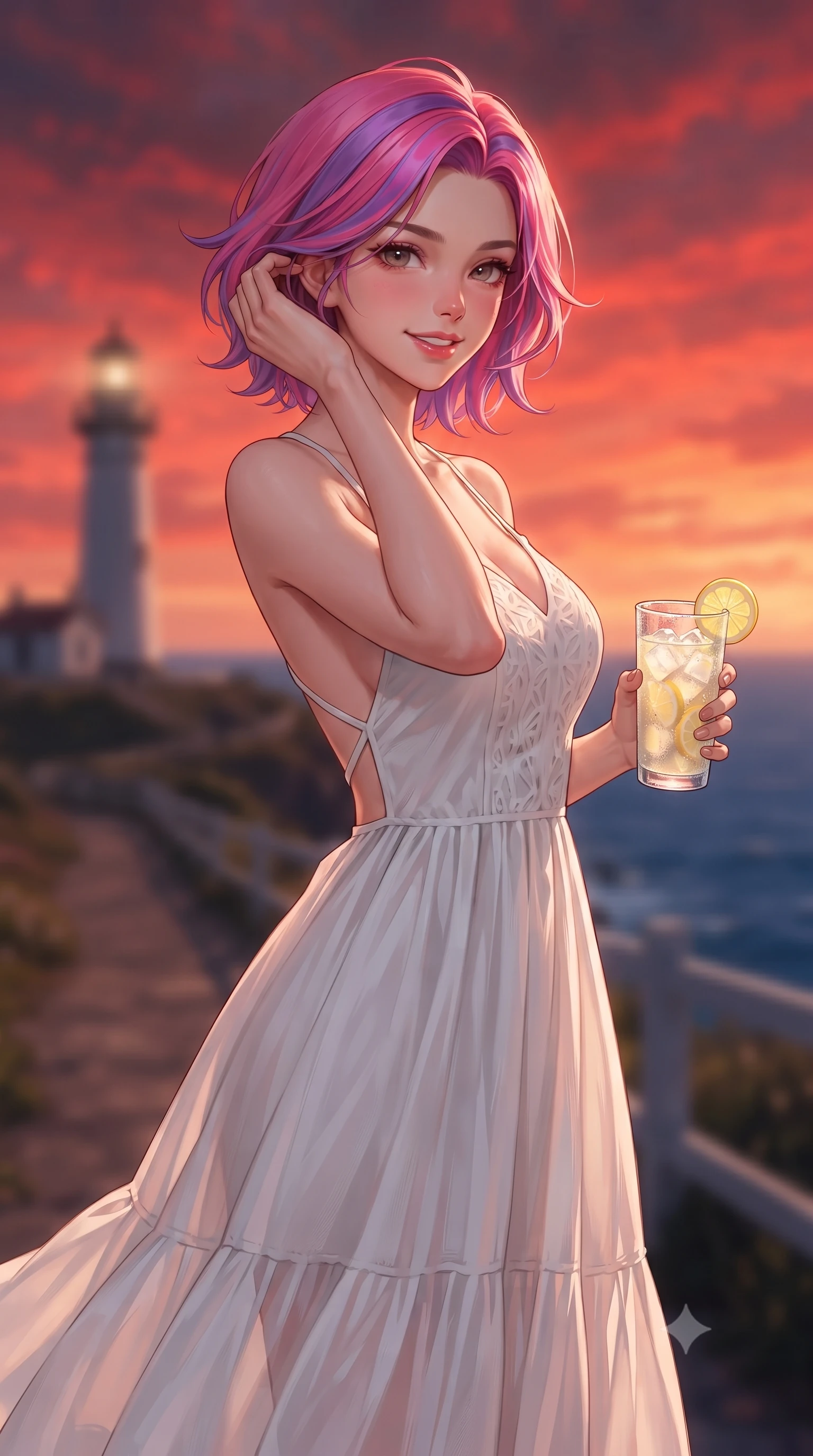 score_9, masterpiece, best quality, ultra-detailed, high-budget anime keyframe, editorial fashion photography, tasteful artistic composition, Caucasian woman. close-up cowboy shot from the waist and thighs up, the character dominates the composition, filling the frame with her large presence, background elements kept in soft focus. smiling cutely while gently brushing a strand of hair behind her ear set against a soft-focus background of at a coastal lighthouse park path overlooking the deep blue sea holding a glass of iced lemonade with a slice of fresh lemon. She has an exceptionally elegant, slender, and willowy female figure with an ultra-slim waist, a gracefully sculpted slender torso, and a refined silhouette. sharp v-shaped jawline, high-bridge nose, intricate jewel-like eyes with depth, thick eyelashes, glossy lips with a natural sheen. wearing body-hugging backless cotton sundress in white, featuring delicate straps and a long flowing skirt. the dramatic red and orange sunset sky casting a majestic rim light on her. ultra-reflective glossy finish, specular highlights, metallic sheen, high-contrast stereoscopic depth, volumetric dynamic lighting, 2k, ultra detail, master piece, 9:16 ratio