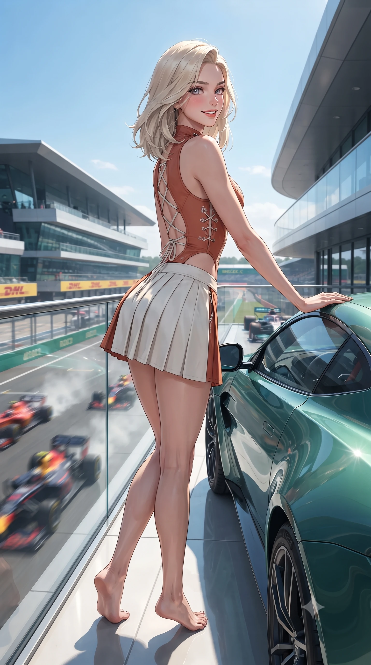 score_9, masterpiece, best quality, ultra-detailed, high-budget anime keyframe, editorial fashion photography, tasteful artistic composition, Caucasian woman. low angle full-body shot from head to toe showing her feet, filling the entire 9:16 vertical frame with her statuesque presence, stretching her vertical silhouette. standing in a tall, confident posture with one hand on the sports car roof, stretching her statuesque body as she arches her lower back to emphasize her sculpted feminine hips and slender waist while standing on the elevated glass balcony of the trackside luxury villa, arching her back as Formula cars scream down the Hamilton Straight below. The surrounding environment is rendered in vivid detail and crisp panoramic clarity: detailed team racing suit embroidery, sunglasses reflection, and ultra-modern circuit architecture in high resolution. She has an absolutely perfect, statuesque 8.5-heads proportion, an exceptionally tall and slender model-like female figure with impossibly long slender legs, an ultra-slim waist, a flat toned midriff, narrow delicate ribcage, and beautifully sculpted feminine hips creating a graceful, slim hourglass silhouette without any bulky heaviness. sharp v-shaped jawline, high-bridge nose, sparkling eyes with athletic focus and depth, thick curled eyelashes, glossy parted lips with a natural coral-peach sheen, bright confident and coquettish smile with alluring bedroom-eyes, exuding both youthful sporty vigor and sovereign high-society glamour, flawlessly proportioned anatomical accuracy, strict slender model proportions, natural body alignment, perfectly sculpted long slender limbs, ultra-slim waistline, clean dynamic posture without body distortion. wearing a backless lace-up racing leotard with side hip cutouts and a pleated wrap skirt framing her hourglass curves in classic clay-court terracotta and cloud white, tailored from ultra-soft fine cashmere yarn with an airy athletic drape, finished with polished chrome zipper pulls and racing harness buckle hardware, the liquid-tight tailored fabric clinging flawlessly to her narrow waist and rounded feminine hips, emphasizing every millimeter of her sculpted slim hourglass curves without any bulky heaviness. bathed in bright, crisp English summer daylight reflecting off architectural glass and track surfaces. ultra-reflective glossy finish, specular highlights, rich textural contrasts, high-contrast stereoscopic depth, volumetric dynamic lighting, 2k, ultra detail, master piece, 9:16 ratio