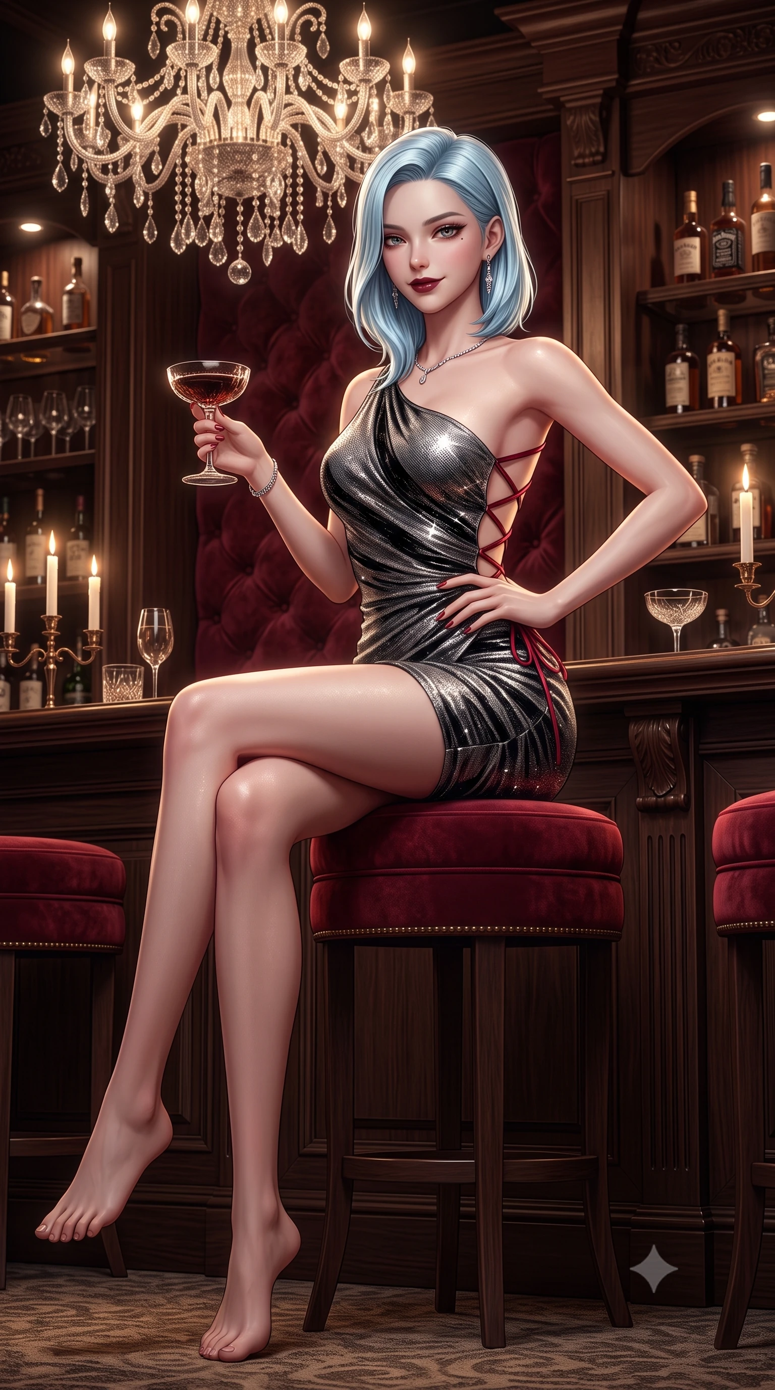 score_9, masterpiece, best quality, ultra-detailed, high-budget anime keyframe, semi-realistic 3D game render, editorial fashion photography, tasteful artistic composition, Korean woman. low angle full-body shot from head to toe showing her feet, filling the entire 9:16 vertical frame with her statuesque presence, stretching her vertical silhouette. pausing mid-stride beneath the grand chandelier with one hand resting on her narrow waist, her arched hips and statuesque 8.5-heads presence commanding the 9:16 vertical frame while sitting gracefully on a round red velvet stool with one leg crossed over the other, holding an antique cocktail coupe with a smoldering, playful half-smile. The surrounding environment is rendered in vivid detail and crisp panoramic clarity. detailed velvet plush texture, delicate jewelry shimmer, and speakeasy bar woodwork clarity in high resolution. She has an exceptionally tall and slender model-like 8.5-heads proportion, an ultra-slim waist, a flat toned midriff, narrow delicate ribcage, and beautifully sculpted feminine hips creating a graceful, slim hourglass silhouette without any bulky heaviness, with impossibly long slender legs. sharp v-shaped jawline, high-bridge nose, intricate jewel-like dark sparkling eyes with dangerous depth, thick curled eyelashes, glossy parted lips with a rich wine sheen, smoldering seductive half-smile with bedroom-eyes, exuding effortless superiority and intoxicating dark allure, flawlessly proportioned anatomical accuracy, strict slender model proportions, natural body alignment, perfectly sculpted long slender limbs, ultra-slim waistline, clean dynamic posture without body distortion. wearing an asymmetric one-shoulder liquid mercury metallic mini dress hugging her narrow waist and curvy hips in shimmering pewter and noir velvet black, woven from metallic lurex thread casting subtle starlight glints across the fabric, featuring a dramatic criss-cross satin back lacing tracing her slender spine, the form-contouring cut accentuating her sculpted flat midriff, narrow delicate ribcage, and gracefully curvy hips with sovereign high-fashion precision. bathed in soft flickering candlelight and moody theatrical stage downlights. highly saturated vibrant anime colors, detailed shading with soft gradients, rich glossy textures, high-contrast stereoscopic depth, volumetric dynamic lighting, master piece, 9:16 ratio