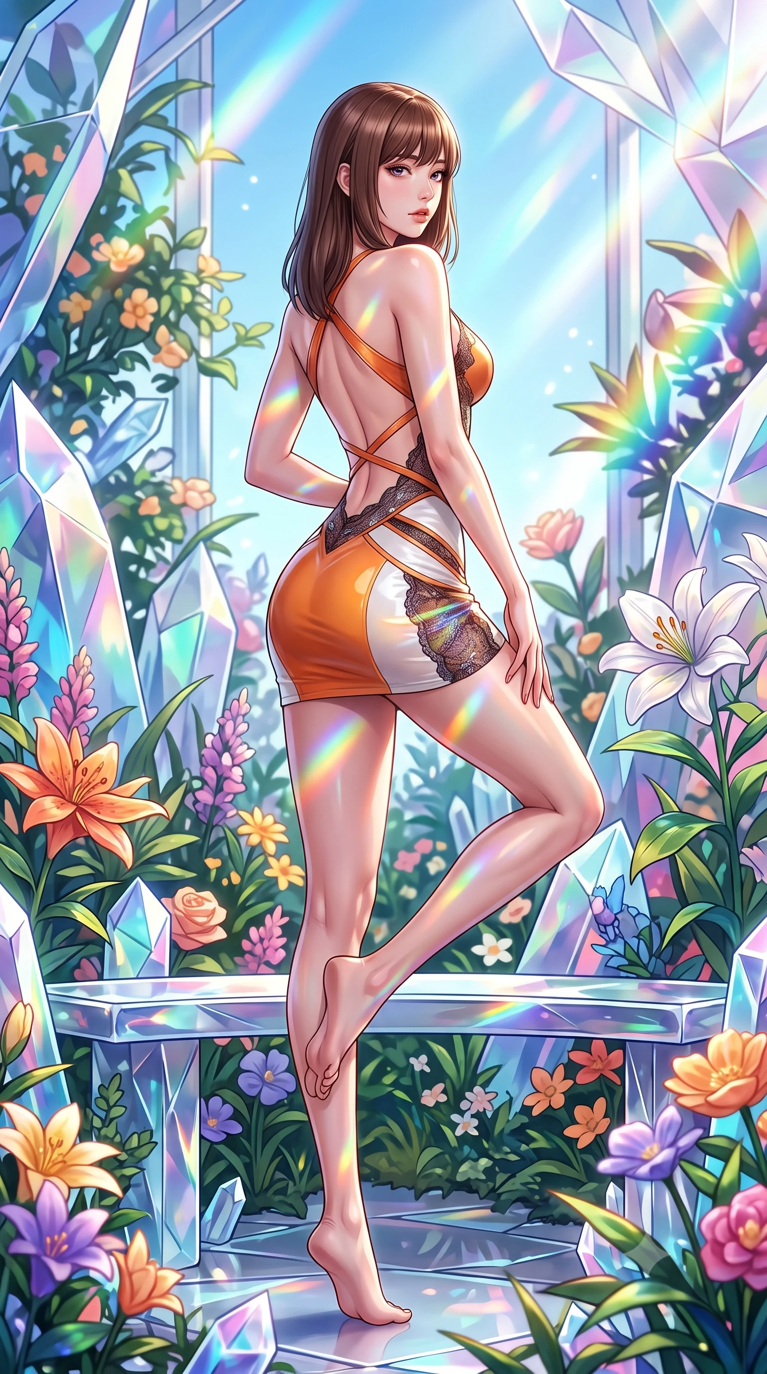 score_9, masterpiece, best quality, ultra-detailed, high-budget anime keyframe, semi-realistic 3D game render, editorial fashion photography, tasteful artistic composition, Korean woman. low angle full-body shot from head to toe showing her feet, filling the entire 9:16 vertical frame with her statuesque presence, stretching her vertical silhouette. pivoting dynamically in mid-motion with a breathtakingly alluring posture, displaying her flawless model proportions and ultra-slim waist while stretching forward with an alluring S-curve silhouette on a crystal garden bench as rainbow light bands cross her skin. The surrounding environment is rendered in vivid detail and crisp panoramic clarity. vibrant natural and crystalline flower textures captured with environmental sharpness. She has an absolutely perfect, statuesque 8.5-heads proportion, an exceptionally tall and slender model-like female figure with impossibly long slender legs, a toned flat midriff, and an ultra-slim waist. sharp v-shaped jawline, high-bridge nose, intricate jewel-like eyes with depth, thick eyelashes, glossy lips with a natural sheen, flawlessly proportioned anatomical accuracy, strict slender model proportions, natural body alignment, perfectly sculpted long slender limbs, ultra-slim waistline, clean dynamic posture without body distortion. wearing a second-skin fashion-latex mini dress with a clean architectural front, featuring an open-back design that wraps around the sides of her waist, showcasing her slender silhouette in vivid sunset amber orange and cloud white, crafted from delicate dark lace interwoven with luminescent micro-fibers, complemented by criss-cross back straps highlighting her completely bare spine, the glove-like aerodynamic second-skin fit tightly clinging to her ultra-slender waist and athletic curves without adding bulk, accentuating her razor-sharp statuesque lines and slim hourglass silhouette. illuminated by fresh botanical ambient radiance and sparkling specular highlights tracing her curves. highly saturated vibrant anime colors, detailed shading with soft gradients, rich glossy textures, high-contrast stereoscopic depth, volumetric dynamic lighting, master piece, 9:16 ratio