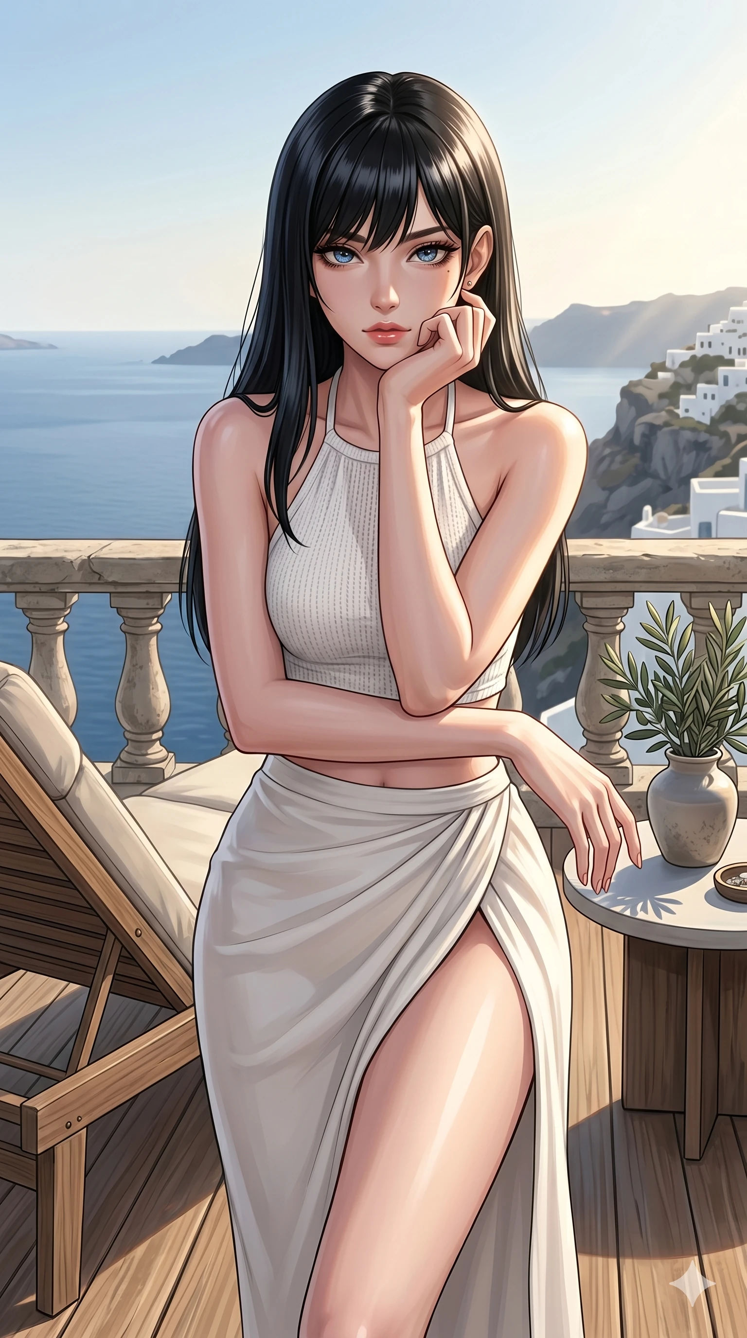 score_9, masterpiece, best quality, ultra-detailed, high-budget anime keyframe, editorial fashion photography, tasteful artistic composition, Caucasian woman, strictly human ears. cowboy shot from the thighs up, character and outfit filling the frame for maximum editorial presence. resting her chin on her fingers, looking directly into the lens with a piercing, mysterious gaze on a private teak sun-deck of a cliffside villa in Santorini, overlooking the calm Aegean sea (Code-P138). She has an absolutely perfect 8-heads proportion, an exceptionally tall and slender female figure with impossibly long slender legs and an ultra-slim waist. V-shaped jawline, high-bridge nose, intricate jewel-like eyes with depth, thick eyelashes, glossy lips with a natural sheen. wearing a white knit halter top showing her elegant clavicle lines, and a high-slit wrap skirt. drenched in brilliant afternoon sunshine, casting warm rays that trace the curves of her athletic figure. 2k, ultra detail, master piece, 9:16 ratio