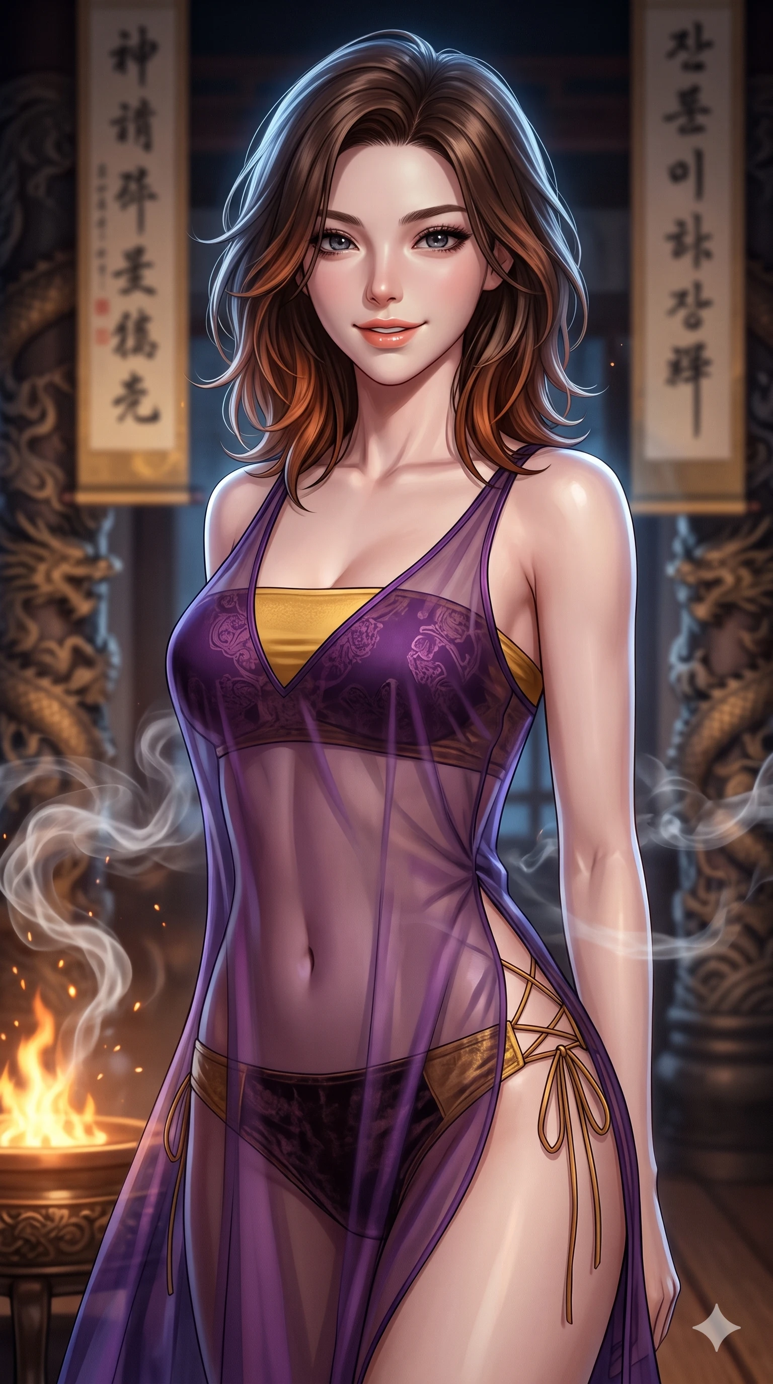 score_9, masterpiece, best quality, ultra-detailed, high-budget anime keyframe, editorial fashion photography, tasteful artistic composition, Korean woman. close-up cowboy shot from the waist and thighs up, the character dominates the composition, filling the frame with her large presence. smiling with quiet, magnetic self-assurance directly into the camera, her sculpted waistline catching specular moonbeam highlights while twisting her slender torso in an alluring S-curve among drifting incense smoke, warm brazier embers illuminating her hourglass curves. The background shows a soft-focus swirling white agarwood incense smoke, carved dragon column bases, and hanging silk calligraphy banners blurred into cream, gold, and charcoal bokeh. She has an exceptionally elegant, slender, and willowy female figure with an ultra-slim waist, flat toned midriff, narrow ribcage, and sculpted feminine hips creating an alluring, slim hourglass silhouette without bulk. sharp v-shaped jawline, high-bridge nose, sparkling eyes with hypnotic seductive depth, thick curled eyelashes, glossy parted lips with a natural dewy peach sheen, alluring bedroom-eyes with an enchanting coquettish smile, exuding magnetic siren charisma and sophisticated glamour, flawlessly proportioned anatomical accuracy, strict slender model proportions, natural body alignment, perfectly sculpted long slender limbs, ultra-slim waistline, clean dynamic posture without body distortion. wearing a delicately layered semi-sheer gossamer nobang hanbok slip dress revealing her sculpted silhouette over an opaque micro-bandeau and briefs in imperial gold and royal plum purple, tailored from crushed dark velvet with deep light-absorbing plush texture, featuring fine criss-cross lace-up side ties revealing tantalizing glimpses of her hip curve, the form-contouring silhouette accentuating her sculpted flat midriff, narrow delicate ribcage, and gracefully curvy hips with intoxicating allure. bathed in warm 2200K bronze brazier glow cutting through atmospheric white incense smoke. ultra-reflective glossy finish, specular highlights, rich textural contrasts, high-contrast stereoscopic depth, volumetric dynamic lighting, 2k, ultra detail, master piece, 9:16 ratio