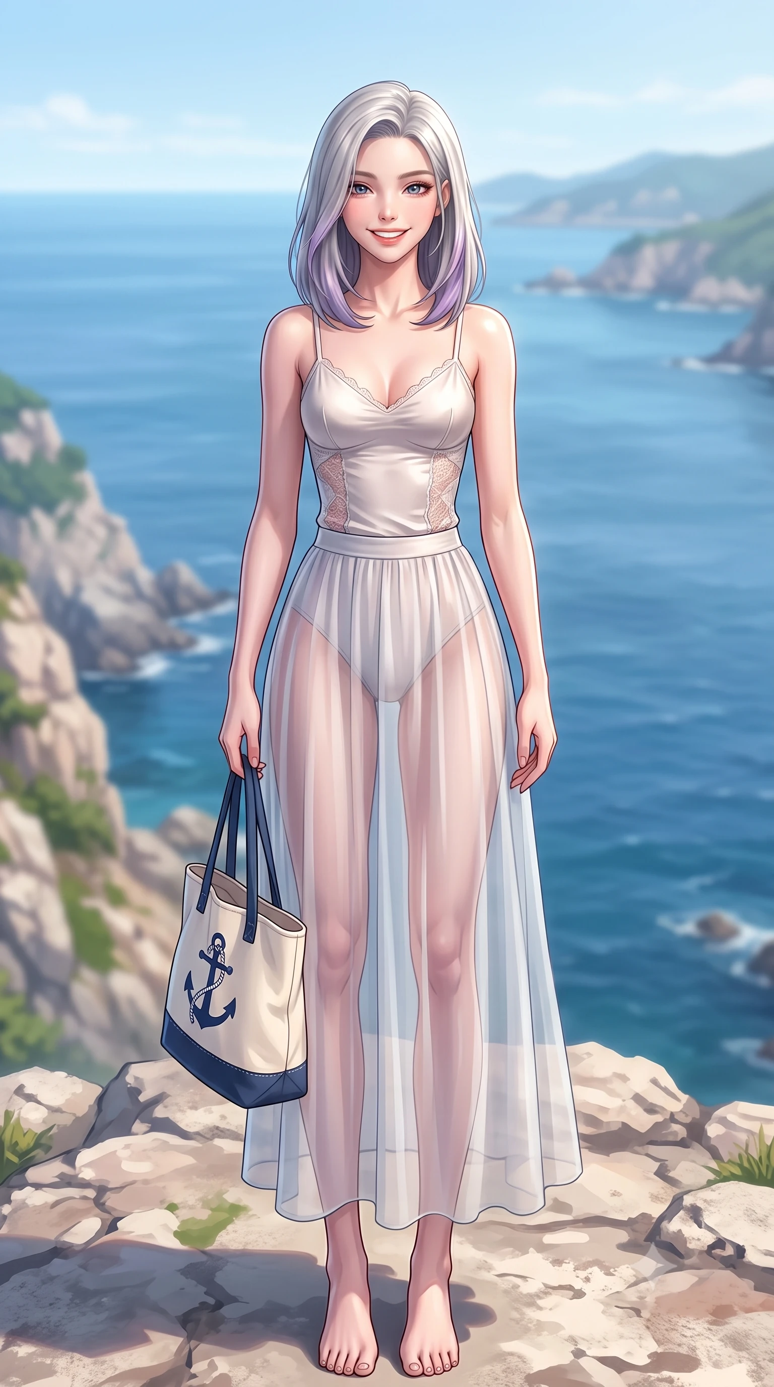 score_9, masterpiece, best quality, ultra-detailed, high-budget anime keyframe, editorial fashion photography, tasteful artistic composition, Caucasian woman. low angle full-body shot from head to toe showing her feet, filling the entire 9:16 vertical frame with her statuesque presence, stretching her vertical silhouette. standing with a cute, bright pose, tilting her head with a beaming smile set against a soft-focus background of on a rocky coastal cliff lookout with views of the vast blue ocean holding a cute canvas tote bag with a nautical anchor print. She has an absolutely perfect, statuesque 8.5-heads proportion, an exceptionally tall and slender model-like female figure with impossibly long slender legs and an ultra-slim waist. sharp v-shaped jawline, high-bridge nose, intricate jewel-like eyes with depth, thick eyelashes, glossy lips with a natural sheen. wearing body-hugging delicate silk camisole with lace panels, worn with a semi-opaque sheer maxi skirt. cool morning daylight creating a fresh, energetic seaside atmosphere. highly saturated vibrant anime colors, detailed shading with soft gradients, rich glossy textures, high-contrast stereoscopic depth, volumetric dynamic lighting, master piece, 9:16 ratio