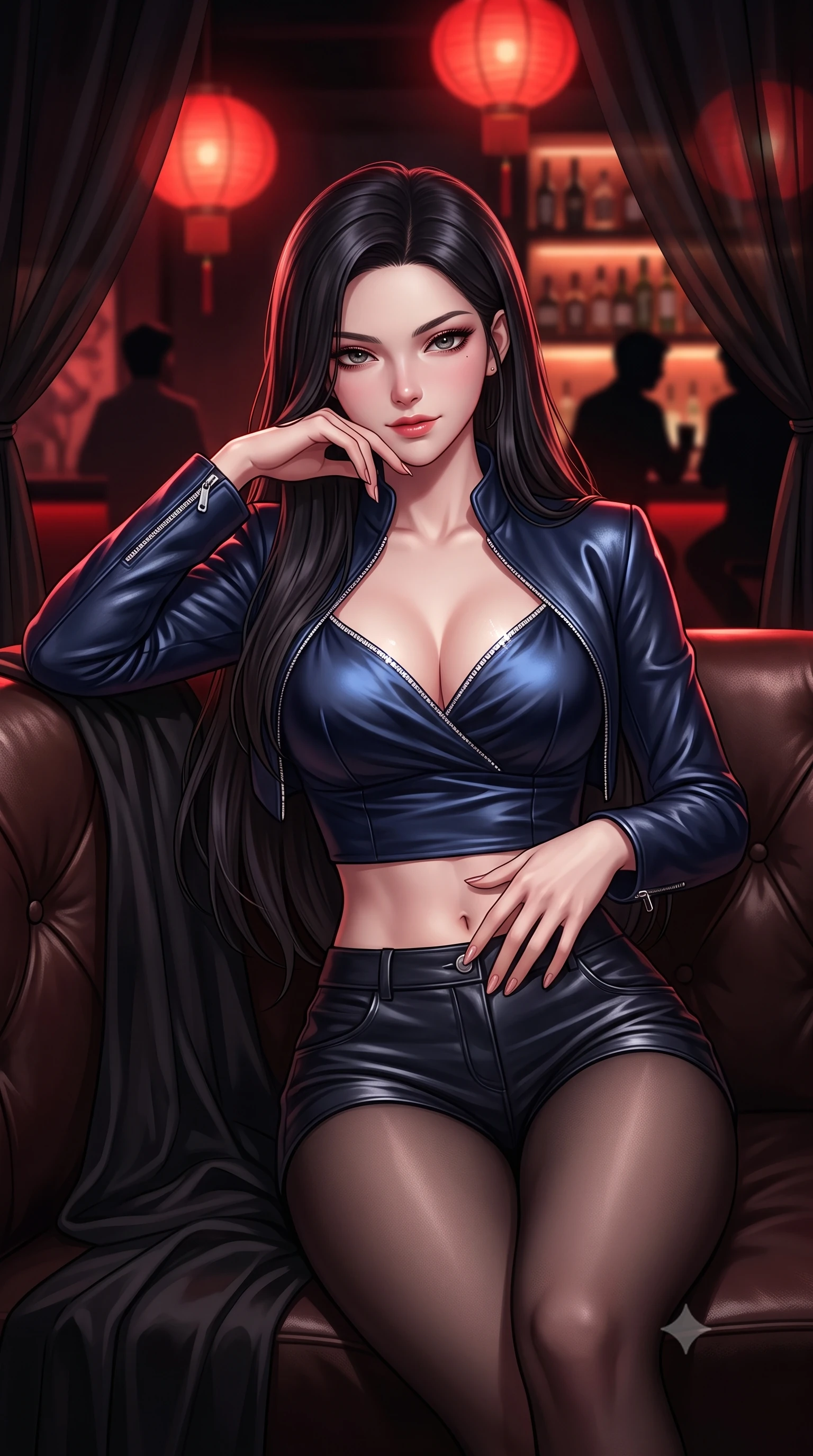 score_9, masterpiece, best quality, ultra-detailed, high-budget anime keyframe, semi-realistic 3D game render, editorial fashion photography, tasteful artistic composition, Korean woman. close-up cowboy shot from the waist and thighs up, the character dominates the composition, filling the frame with her large presence. leaning back against the leather lounge with relaxed seductive grace, one hand resting on her flat midriff as her narrow waist and curvy hips command the frame while lounging in a private booth draped in black sheer silk, resting her chin on her fingers while gazing directly into the camera with bedroom-eyes. The composition keeps background elements in soft focus with dreamy creamy bokeh. glowing crimson paper lanterns, backlit onyx bar shelves, and dark silhouette patrons blurred into deep scarlet, vermilion, and obsidian bokeh. She has an exceptionally elegant, slender, and willowy female figure with an ultra-slim waist, flat toned midriff, narrow ribcage, and sculpted feminine hips creating an alluring, slim hourglass silhouette without bulk. sharp v-shaped jawline, high-bridge nose, intricate jewel-like dark sparkling eyes with dangerous depth, thick curled eyelashes, glossy parted lips with a rich wine sheen, smoldering seductive half-smile with bedroom-eyes, exuding effortless superiority and intoxicating dark allure, flawlessly proportioned anatomical accuracy, strict slender model proportions, natural body alignment, perfectly sculpted long slender limbs, ultra-slim waistline, clean dynamic posture without body distortion. wearing a chic cropped lambskin leather bolero jacket paired with high-waisted leather micro-shorts and sheer black hosiery in midnight sapphire navy and chrome silver, crafted from heavy fluid silk satin with a liquid mirror-like drape, finished with subtle crystal rhinestones lining the plunging neckline, the form-fitting cut adhering flawlessly to her sculpted flat midriff and slender torso, emphasizing her long leg lines and perfectly proportioned willowy build. illuminated by sharp specular highlights on skin and dark scarlet rim light sculpting her sculpted midriff, narrow waist, and curvy hips. highly saturated vibrant anime colors, detailed shading with soft gradients, rich glossy textures, high-contrast stereoscopic depth, volumetric dynamic lighting, master piece, 9:16 ratio