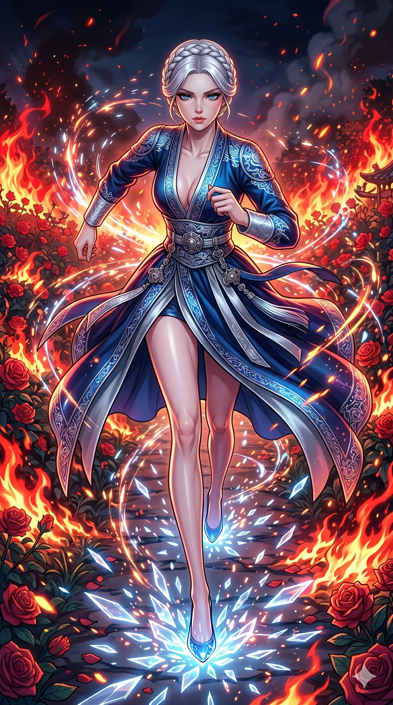 score_9, masterpiece, best quality, ultra-detailed, Set A: High-budget Anime Keyframe, Korean woman. Low angle cowboy shot filling the entire 9:16 frame with her statuesque presence. Sprinting through a burning rose garden, as the ground beneath her turns into 231 shards of light and surrounded by glowing energy sparks. She has an absolutely perfect 8-heads proportion, an exceptionally tall and slender female figure with impossibly long slender legs and an ultra-slim waist. Sharp v-shaped jawline, high-bridge nose, intricate jewel-like eyes with depth, thick eyelashes, glossy lips with a natural sheen. Wearing Deep-plunging silk cyber-hanbok with metallic traditional ornaments and glowing fiber-optic embroidery. Cinematic lighting, vibrant colors, dramatic shadows, 2k, ultra detail, master piece, 9:16 ratio