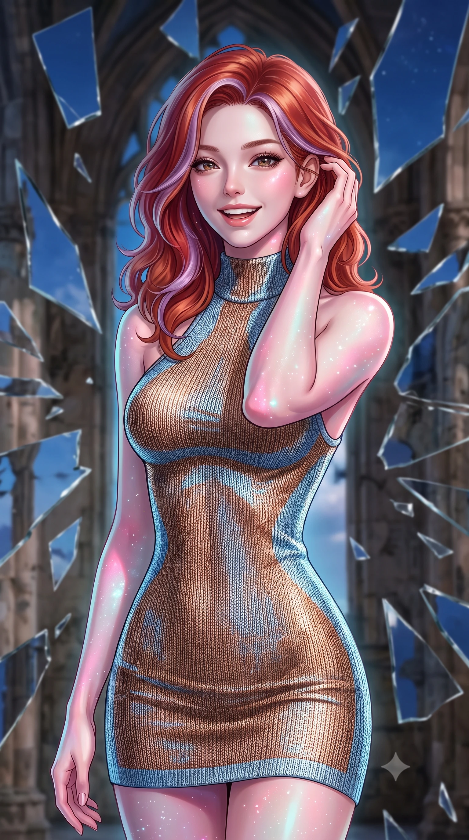 score_9, masterpiece, best quality, ultra-detailed, high-budget anime keyframe, editorial fashion photography, tasteful artistic composition, Caucasian woman, strictly human ears. close-up cowboy shot from the waist and thighs up, the character dominates the composition, filling the frame with her large presence, background elements kept in soft focus. Laughing softly while brushing a strand of hair behind her ear. set against a soft-focus background of standing inside an ancient Gothic ruin where the walls are made of shattered mirror shards, reflecting fragmented pieces of a deep blue sky. She has an exceptionally elegant, slender, and willowy female figure with a highly-defined ultra-slim waist, a gracefully sculpted slender torso, and a refined slim-fit silhouette that contours her form. sharp v-shaped jawline, high-bridge nose, intricate jewel-like eyes with depth, thick eyelashes, glossy lips with a natural sheen. wearing a high-neck racer-back fitted dress in a metallic bronze and sky blue knit, highlighting her athletic shoulders and slender torso. starlight and nebula glow casting soft cosmic pink and cyan highlights on her form. 2k, ultra detail, master piece, 9:16 ratio