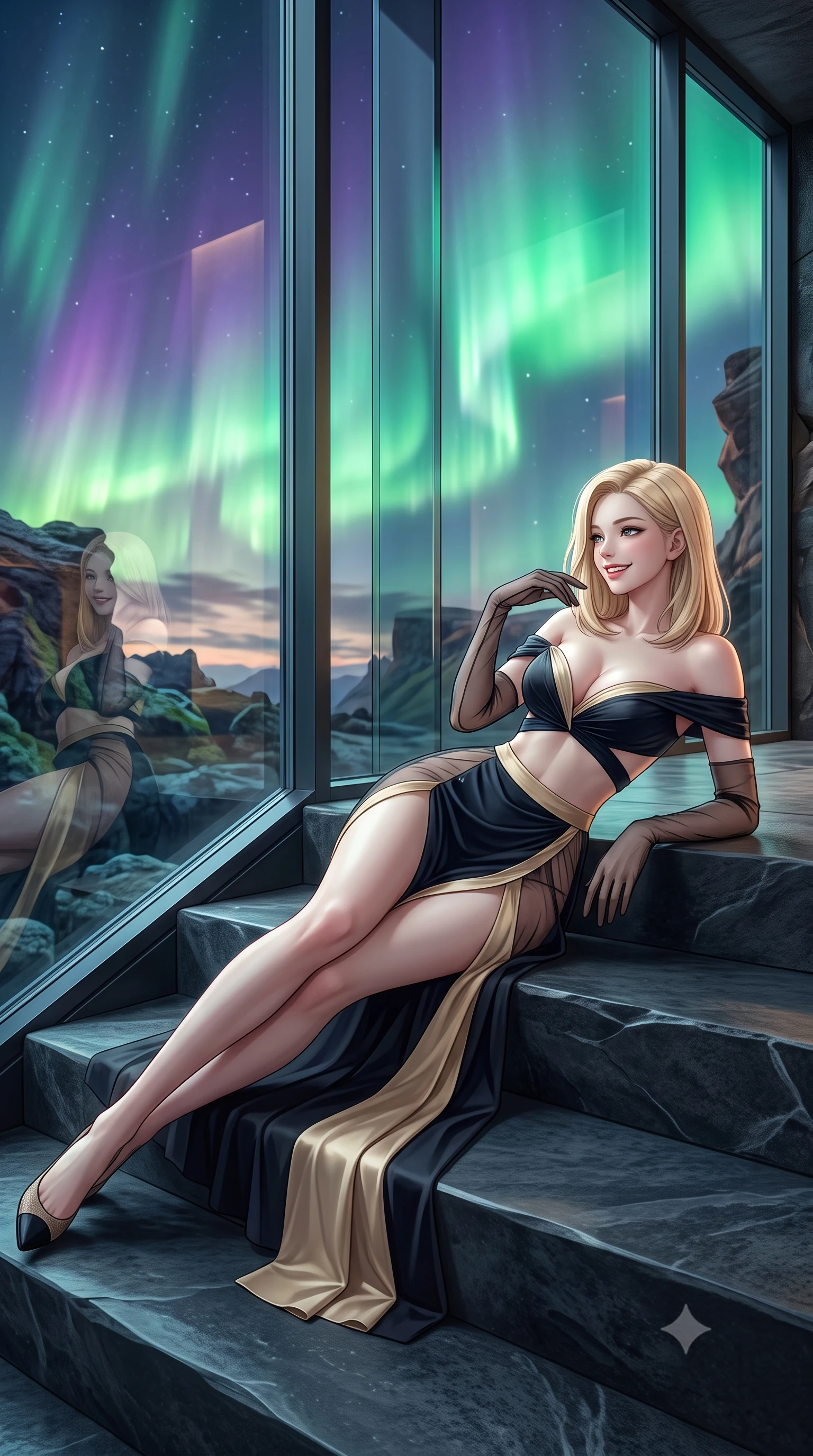 score_9, masterpiece, best quality, ultra-detailed, high-budget anime keyframe, editorial fashion photography, tasteful artistic composition, Korean woman. low angle full-body shot from head to toe showing her feet, filling the entire 9:16 vertical frame with her statuesque presence, stretching her vertical silhouette. posing in a classic haute-couture S-curve stance beside the floor-to-ceiling window, looking over a bare shoulder with magnetic presence while reclining gracefully on the smooth basalt rock steps propped on one elbow with legs extended, displaying her long slender limbs and statuesque hourglass silhouette. The surrounding environment is rendered in vivid detail and crisp panoramic clarity: detailed garment texture, windblown draping, and dramatic geological formations in high resolution. She has an exceptionally tall and slender model-like 8.5-heads proportion, an ultra-slim waist, a flat toned midriff, narrow delicate ribcage, and beautifully sculpted feminine hips creating a graceful, slim hourglass silhouette without any bulky heaviness, with impossibly long slender legs. sharp v-shaped jawline, high-bridge nose, intricate jewel-like sparkling eyes with depth, thick eyelashes, glossy parted lips with a natural peach sheen, bright cheerful beaming smile with an enchanting and coquettish sensual glint, exuding both youthful cute charm and seductive allure, flawlessly proportioned anatomical accuracy, strict slender model proportions, natural body alignment, perfectly sculpted long slender limbs, ultra-slim waistline, clean dynamic posture without body distortion. wearing an alluring plunge-front off-the-shoulder crop top with asymmetrical side-torso cutouts and a high-slit wrap skirt in deep midnight obsidian black and champagne gold, featuring strategic sheer-illusion tulle side panels framing her ribcage and hips, complemented by sheer opera-length evening gloves tracing her slender arms, the form-contouring silhouette accentuating her sculpted flat midriff, narrow delicate ribcage, and gracefully curvy hips with intoxicating allure. bathed in the ethereal 5200K phosphorescent green-and-violet illumination of active aurora borealis curtains mixed with twilight glow. ultra-reflective glossy finish, specular highlights, rich textural contrasts, high-contrast stereoscopic depth, volumetric dynamic lighting, 2k, ultra detail, master piece, 9:16 ratio