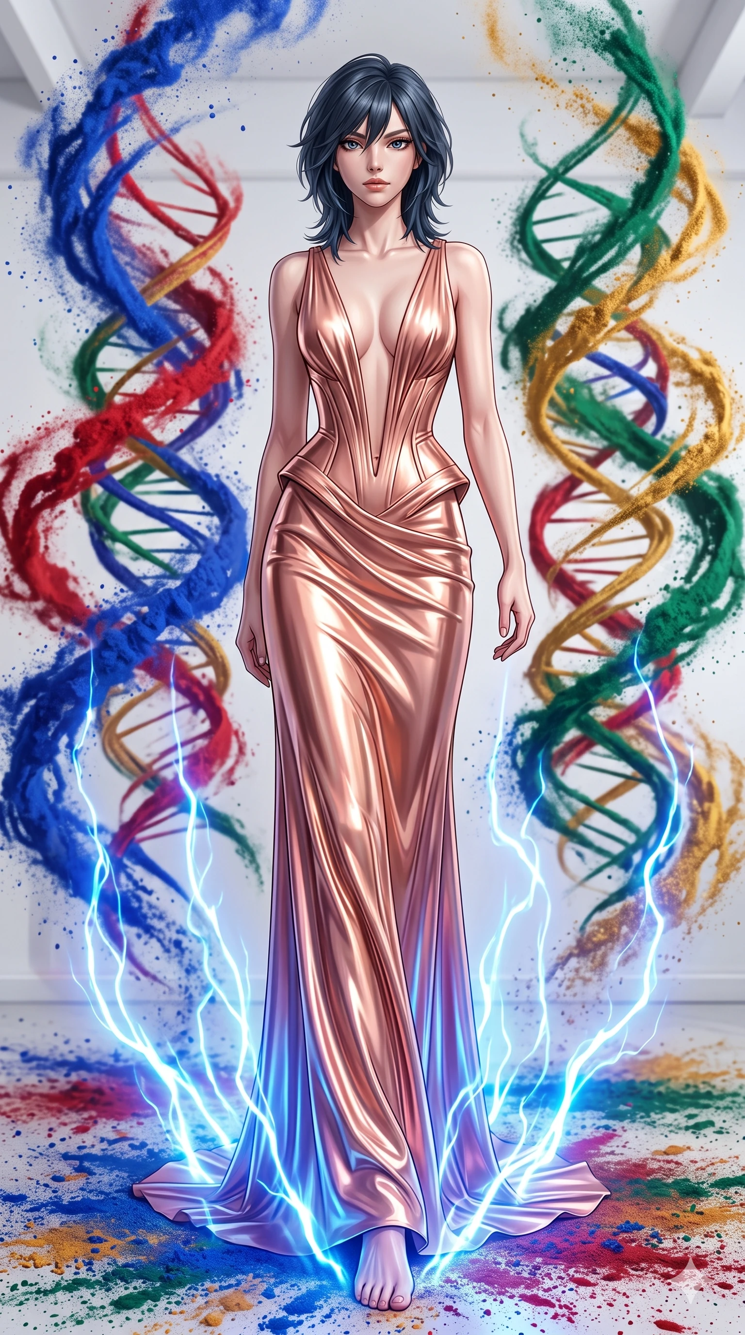 score_9, masterpiece, best quality, ultra-detailed, high-budget anime keyframe, editorial fashion photography, tasteful artistic composition, Caucasian woman, strictly human ears. low angle full-body shot from head to toe showing her feet, filling the entire 9:16 vertical frame with her statuesque presence, stretching her vertical silhouette. striding with confident determination through an artist's white studio where spiraling vortexes of pure dry pigment powder in vivid ultramarine cadmium red viridian and gold orbit around the center in hypnotic double-helix formations. She has a statuesque 8.5-heads proportion, an exceptionally tall, slender and willowy model-like build with impossibly long legs and a highly sculpted ultra-slim waist. sharp v-shaped jawline, high-bridge nose, intricate jewel-like eyes with depth, thick eyelashes, glossy lips with a natural sheen. wearing a floor-length gown in liquid rose gold, featuring an ultra-deep plunging V-neckline descending to the waist and a highly structured architectural bodice. pulsing electric blue plasma arc lighting rising dramatically from below. 2k, ultra detail, master piece, 9:16 ratio