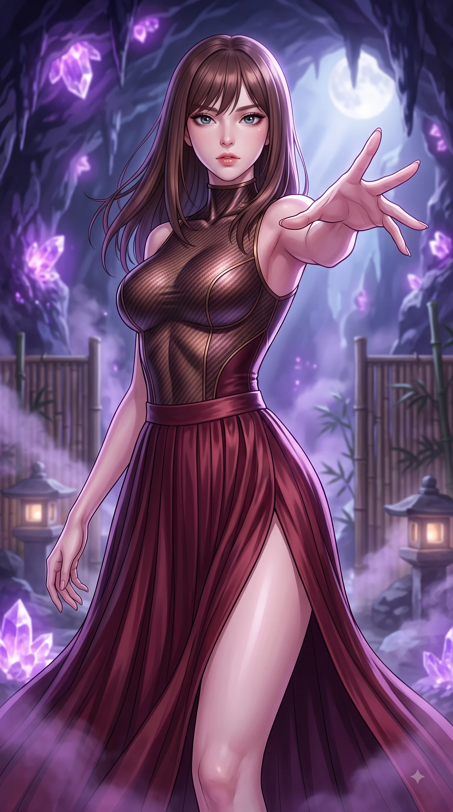 score_9, masterpiece, best quality, ultra-detailed, high-budget anime keyframe, editorial fashion photography, tasteful artistic composition, Korean woman. close-up cowboy shot from the waist and thighs up, the character dominates the composition, filling the frame with her large presence, background elements kept in soft focus. Reaching one arm gracefully toward the camera with magnetic poise, displaying her statuesque silhouette while pivoting dynamically in a subterranean crystal cave as steam clouds scatter soft purple geode light, bamboo partitions and stone lanterns casting peaceful organic stencil shadows. She has an exceptionally elegant, slender, and willowy female figure with an ultra-slim waist, a gracefully sculpted slender torso, and a refined silhouette. sharp v-shaped jawline, high-bridge nose, intricate jewel-like eyes with depth, thick eyelashes, glossy lips with a natural sheen, flawlessly proportioned anatomical accuracy, natural body alignment, perfectly sculpted elegant limbs, clean dynamic posture without body distortion. wearing a modern fusion silk hanbok dress with a structured bodice and flowing skirt in deep burgundy and bronze, made of fine carbon-fiber weave and soft matte leather, finished with a sleek side slit ascending to mid-thigh, the glove-like fit emphasizing her statuesque silhouette during motion. illuminated by luminous purple bioluminescence and serene silver moonlight. highly saturated vibrant anime colors, detailed shading with soft gradients, rich glossy textures, high-contrast stereoscopic depth, volumetric dynamic lighting, master piece, 9:16 ratio
