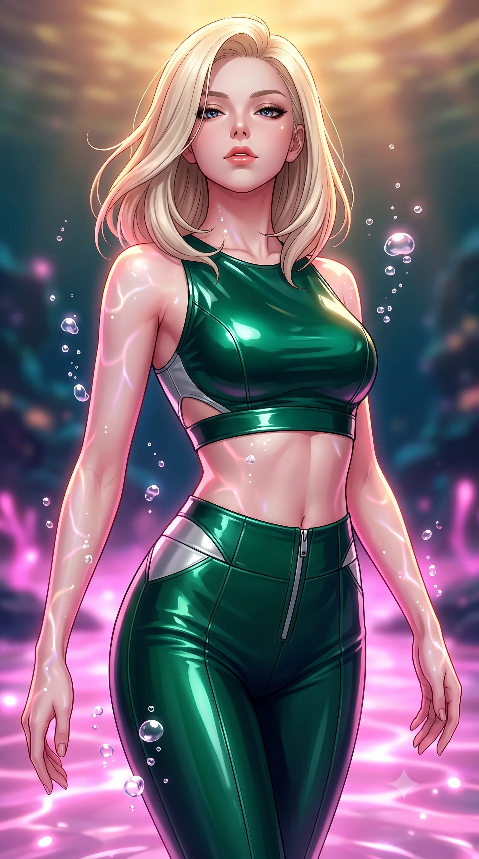 score_9, masterpiece, best quality, ultra-detailed, high-budget anime keyframe, editorial fashion photography, tasteful artistic composition, Caucasian woman. close-up cowboy shot from the waist and thighs up, the character dominates the composition, filling the frame with her large presence, background elements kept in soft focus. Tilting her chin up with an air of effortless superiority while balancing dynamically amidst the scene while gliding dynamically over a mirror-like lagoon floor as neon ripples dance across her form, rising underwater bubbles casting pearl-white specular highlights on her skin. She has an exceptionally elegant, slender, and willowy female figure with an ultra-slim waist, a gracefully sculpted slender torso, and a refined silhouette. sharp v-shaped jawline, high-bridge nose, intricate jewel-like eyes with depth, thick eyelashes, glossy lips with a natural sheen, flawlessly proportioned anatomical accuracy, natural body alignment, perfectly sculpted elegant limbs, clean dynamic posture without body distortion. wearing a glossy vinyl crop top and high-waist tailored leggings with sleek zippers in deep emerald green and silver accent, formed from sleek second-skin neoprene, featuring subtle geometric cutouts that highlight her ultra-slim midriff, the form-contouring material highlighting her ultra-slim waist and long lines. illuminated by radiant pink bioluminescence and warm golden top lighting. highly saturated vibrant anime colors, detailed shading with soft gradients, rich glossy textures, high-contrast stereoscopic depth, volumetric dynamic lighting, master piece, 9:16 ratio