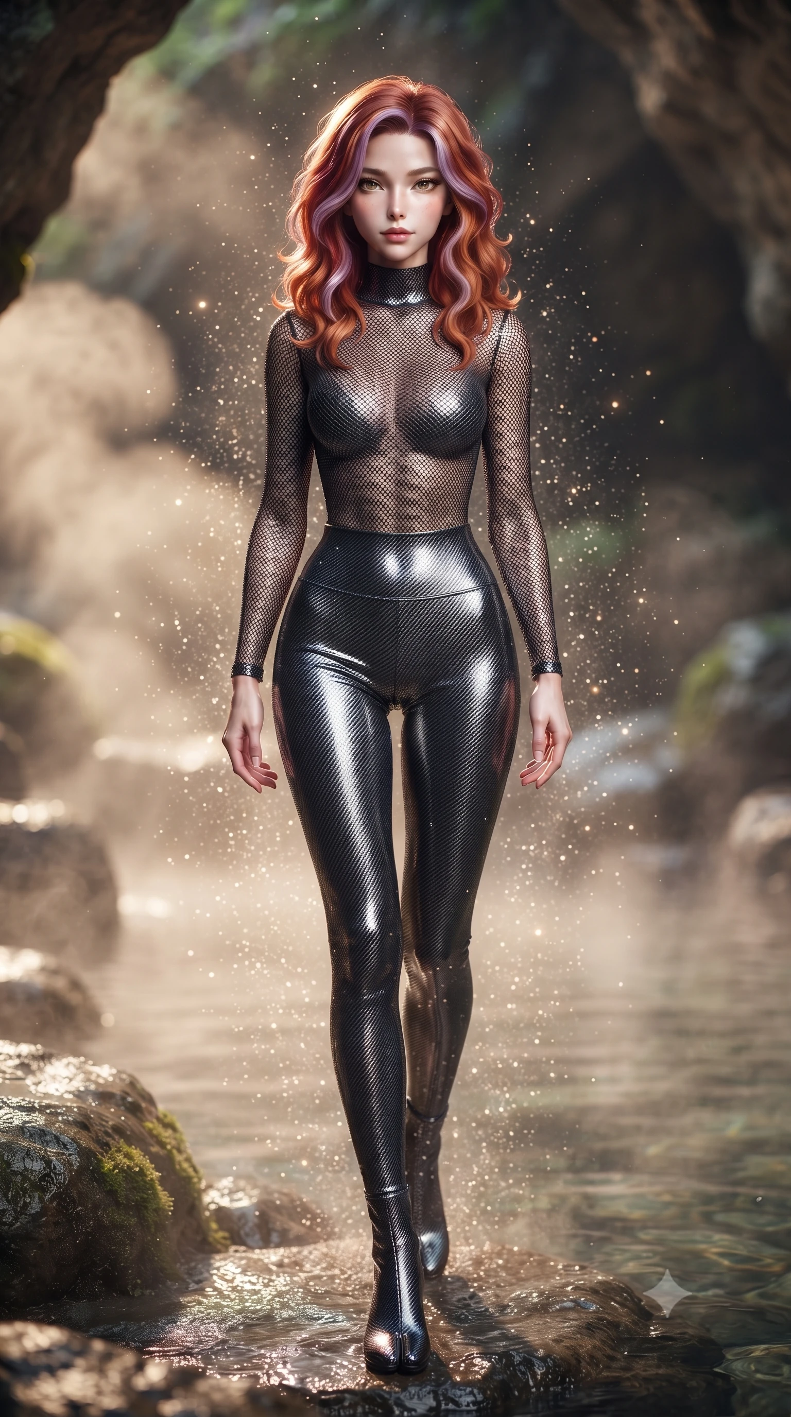 score_9, masterpiece, best quality, ultra-detailed, high-budget anime keyframe, editorial fashion photography, tasteful artistic composition, Caucasian woman. low angle full-body shot from head to toe showing her feet, filling the entire 9:16 vertical frame with her statuesque presence, stretching her vertical silhouette. stepping gracefully through floating stardust particles, her body-contouring suit showing her athletic, slender silhouette, the background shows a soft-focus a cave hot spring pool with mineral steam rising around rocks. She has an absolutely perfect, statuesque 8.5-heads proportion, an exceptionally tall and slender model-like female figure with impossibly long slender legs and an ultra-slim waist. sharp v-shaped jawline, high-bridge nose, intricate jewel-like eyes with depth, thick eyelashes, glossy lips with a natural sheen. wearing a slim-fit body-hugging carbon-mesh mock-neck top paired with tight-fitting carbon-fiber leggings. soft morning mist diffusing the warm starlight, creating a tranquil wash. ultra-reflective glossy finish, specular highlights, metallic sheen, high-contrast stereoscopic depth, volumetric dynamic lighting, 2k, ultra detail, master piece, 9:16 ratio