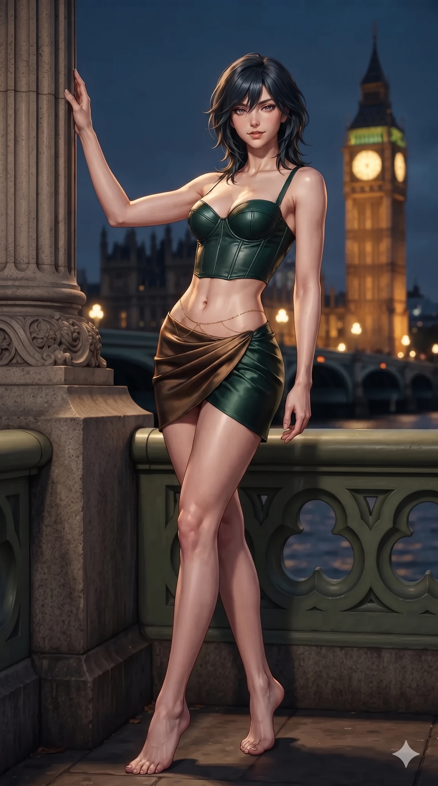 score_9, masterpiece, best quality, ultra-detailed, high-budget anime keyframe, editorial fashion photography, tasteful artistic composition, Caucasian woman. low angle full-body shot from head to toe showing her feet, filling the entire 9:16 vertical frame with her statuesque presence, stretching her vertical silhouette. standing tall beside the architectural column, one hand resting high while arching her lower back to emphasize her sculpted feminine hips and slender waist while leaning against the carved stone river balustrade with hips cocked back, gazing across the Thames toward the illuminated Big Ben with smoldering bedroom-eyes. The background shows a soft-focus the illuminated golden dial of Big Ben, gothic parliament spires, and Westminster Bridge arches blurred into amber, gold, and slate bokeh. She has an exceptionally tall and slender model-like 8.5-heads proportion, an ultra-slim waist, a flat toned midriff, narrow delicate ribcage, and beautifully sculpted feminine hips creating a graceful, slim hourglass silhouette without any bulky heaviness, with impossibly long slender legs. sharp v-shaped jawline, high-bridge nose, intricate jewel-like dark sparkling eyes with dangerous depth, thick curled eyelashes, glossy parted lips with a rich wine sheen, smoldering seductive half-smile with bedroom-eyes, exuding effortless superiority and intoxicating dark allure, flawlessly proportioned anatomical accuracy, strict slender model proportions, natural body alignment, perfectly sculpted long slender limbs, ultra-slim waistline, clean dynamic posture without body distortion. wearing a structured underwire leather bustier top paired with an ultra-short draped wrap mini skirt in dark emerald green and brushed antique bronze, tailored from smooth liquid silk satin that clings smoothly to her narrow waist and rounded hips with a dewy sheen, accented with a dainty gold belly chain resting across her flat midriff and curving hips, the liquid-tight tailored fabric clinging flawlessly to her narrow waist and rounded feminine hips, emphasizing every millimeter of her sculpted slim hourglass curves without any bulky heaviness. bathed in the majestic golden glow of Big Ben floodlights contrasting with deep river night blues. ultra-reflective glossy finish, specular highlights, rich textural contrasts, high-contrast stereoscopic depth, volumetric dynamic lighting, 2k, ultra detail, master piece, 9:16 ratio
