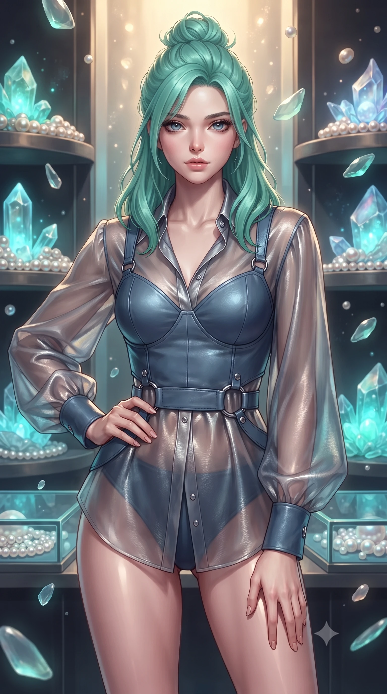 score_9, masterpiece, best quality, ultra-detailed, high-budget anime keyframe, editorial fashion photography, tasteful artistic composition, Japanese woman. close-up cowboy shot from the waist and thighs up, the character dominates the composition, filling the frame with her large presence, background elements kept in soft focus. Holding a confident power pose with one hand on her hip, gazing directly into the camera with quiet intensity standing beside a pearl archive sanctuary filled with glowing sea crystals, translucent sea glass fragments drifting gracefully around her. She has an exceptionally elegant, slender, and willowy female figure with an ultra-slim waist, a gracefully sculpted slender torso, and a refined silhouette. sharp v-shaped jawline, high-bridge nose, intricate jewel-like eyes with depth, thick eyelashes, glossy lips with a natural sheen. wearing a tailored leather bustier over a sheer silk chiffon blouse in slate blue and metallic silver, crafted from smooth liquid silk, accented with delicate chrome ring hardware framing her waist, the glove-like fit emphasizing her statuesque silhouette. illuminated by luminous aqua bioluminescence and warm golden top lighting. ultra-reflective glossy finish, specular highlights, metallic sheen, high-contrast stereoscopic depth, volumetric dynamic lighting, 2k, ultra detail, master piece, 9:16 ratio