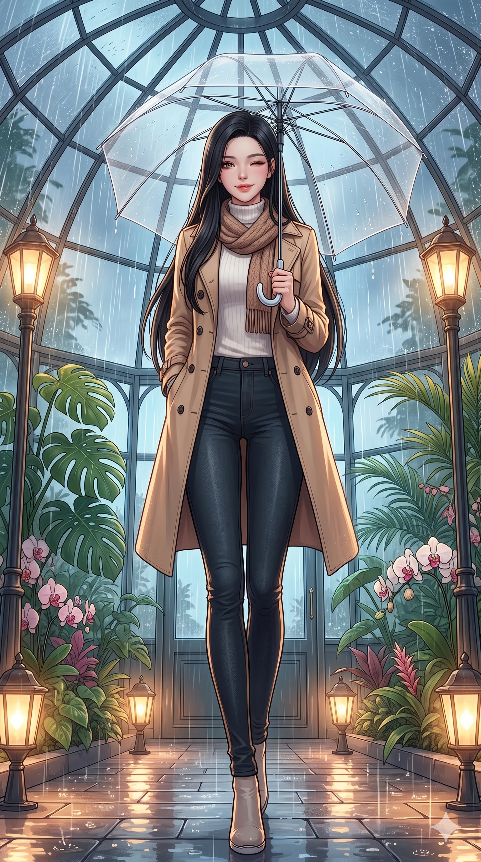 score_9, masterpiece, best quality, ultra-detailed, high-budget anime keyframe, vibrant anime aesthetic, Korean woman. low angle full-body shot from head to toe showing her feet, filling the entire 9:16 vertical frame with her statuesque presence, stretching her vertical silhouette. She is standing under a clear umbrella, winking playfully with a delightful smile, looking directly into the lens with a gentle tilt of her head. inside a glass greenhouse dome filled with tropical monstera and orchids, with heavy rain pouring outside on the glass panels (Code-P22-001). She has an absolutely perfect 8-heads proportion, an exceptionally tall and slender female figure with impossibly long slender legs and an ultra-slim waist. V-shaped jawline, high-bridge nose, intricate jewel-like eyes with depth, thick eyelashes, glossy lips with a natural sheen. wearing a classic beige trench coat over a white turtleneck sweater and dark skinny jeans with a knitted scarf. She is illuminated by warm gaslight street lamps, casting soft reflections on wet pavements, outlining her perfect 8-heads proportion in the rainy afternoon. 2k, ultra detail, master piece, 9:16 ratio