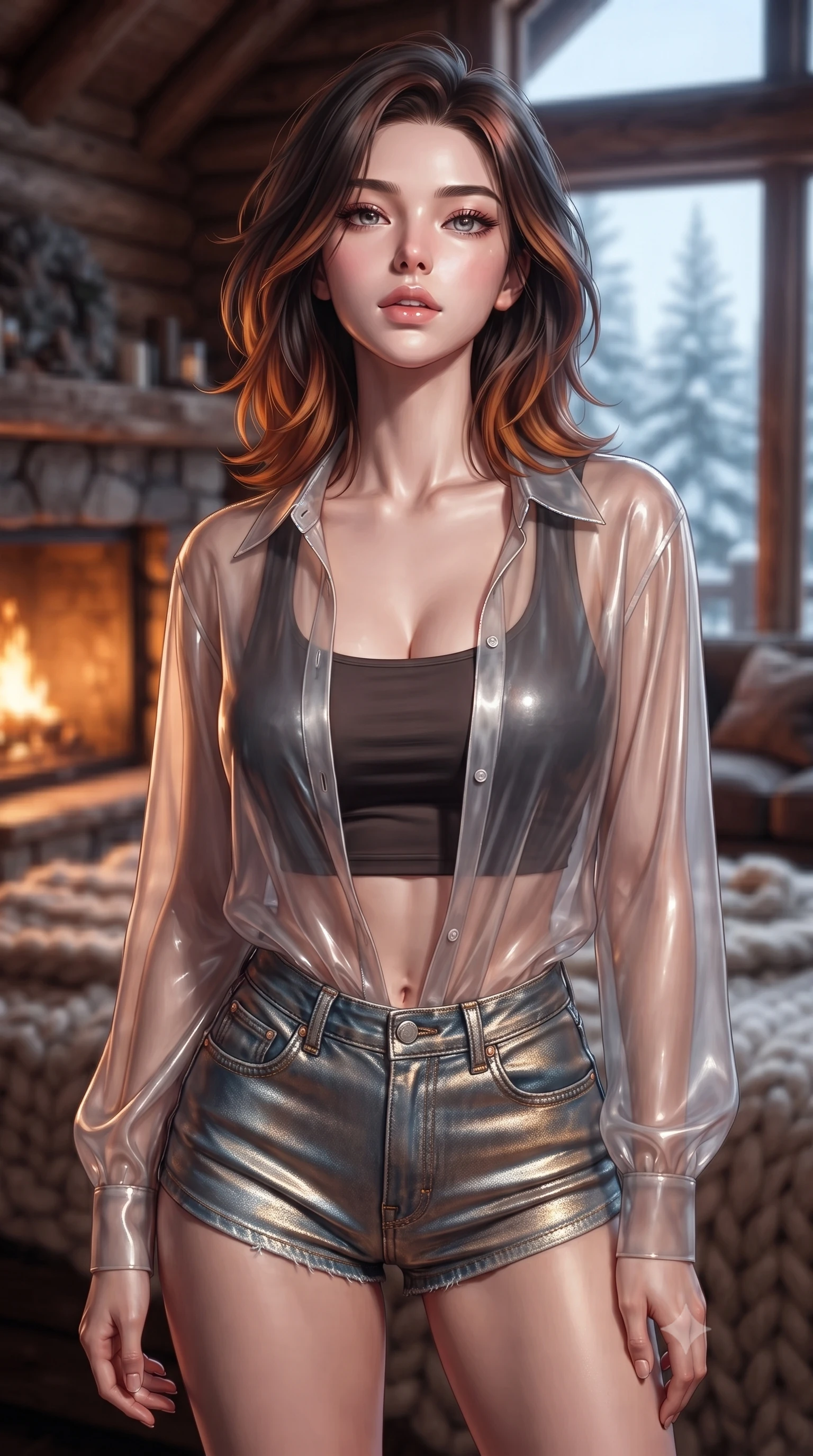 score_9, masterpiece, best quality, ultra-detailed, high-budget anime keyframe, editorial fashion photography, tasteful artistic composition, Korean woman woman. close-up cowboy shot from the waist and thighs up, the character dominates the composition, filling the frame with her large presence, background elements kept in soft focus. tilting her chin up slightly with lips parted in a composed, provocative expression the background shows a soft-focus a log cabin loft with thick wool blankets and windows showing snowy pines. She has an exceptionally elegant, slender, and willowy female figure with an ultra-slim waist, a gracefully sculpted slender torso, and a refined silhouette. sharp v-shaped jawline, high-bridge nose, intricate jewel-like eyes with depth, thick eyelashes, glossy lips with a natural sheen. wearing a form-contouring lightweight chiffon cover-up shirt worn open over a crop top and high-cut shorts. warm orange fireplace glow contrasting with the cool blue winter daylight. ultra-reflective glossy finish, specular highlights, metallic sheen, high-contrast stereoscopic depth, volumetric dynamic lighting, 2k, ultra detail, master piece, 9:16 ratio