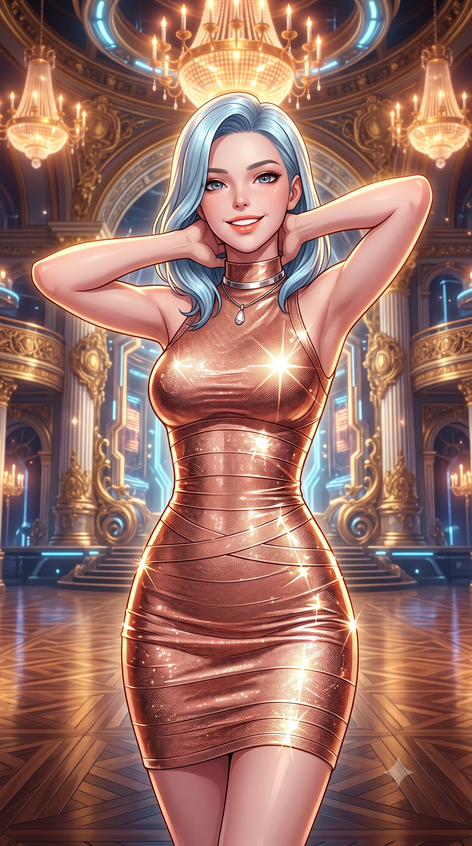 score_9, masterpiece, best quality, ultra-detailed, high-budget anime keyframe, semi-realistic 3D game render, editorial fashion photography, tasteful artistic composition, Korean woman. close-up cowboy shot from the waist and thighs up, the character dominates the composition, filling the frame with her large presence. resting both hands lightly behind her neck with elbows raised, arching her spine to highlight her narrow waist, flat midriff, and breathtaking collarbones while standing poised at the center of the gilded cyber-baroque opera stage beneath levitating plasma chandeliers, arching her lower back with sovereign diva charisma. The surrounding environment is rendered in vivid detail and crisp panoramic clarity: detailed anime keyframe lines, rich fabric textures, and monumental cyber-baroque architecture in razor-sharp precision. She has an exceptionally elegant, slender, and willowy female figure with an ultra-slim waist, flat toned midriff, narrow ribcage, and sculpted feminine hips creating an alluring, slim hourglass silhouette without bulk. sharp v-shaped jawline, high-bridge nose, intricate jewel-like sparkling eyes with depth, thick eyelashes, glossy parted lips with a natural peach sheen, bright cheerful beaming smile with an enchanting and coquettish sensual glint, exuding both youthful cute charm and seductive allure, flawlessly proportioned anatomical accuracy, strict slender model proportions, natural body alignment, perfectly sculpted long slender limbs, ultra-slim waistline, clean dynamic posture without body distortion. wearing a dense bandage knit cyber-cocktail dress with mock neck hugging her delicate ribcage and hips like a second skin in high-gloss rose-gold and burnished copper, woven from stretch metallic lurex jersey casting radiant starlight glints across her curves, finished with a minimalist chrome choker and a single teardrop diamond pendant, the impeccably tailored cut draping gracefully along her slender figure with aristocratic poise. illuminated by polished parquet reflection bounce and sharp gold-plasma rim lights sculpting her jawline, narrow waist, and curvy hips. highly saturated vibrant anime colors, detailed shading with soft gradients, rich glossy textures, high-contrast stereoscopic depth, volumetric dynamic lighting, master piece, 9:16 ratio