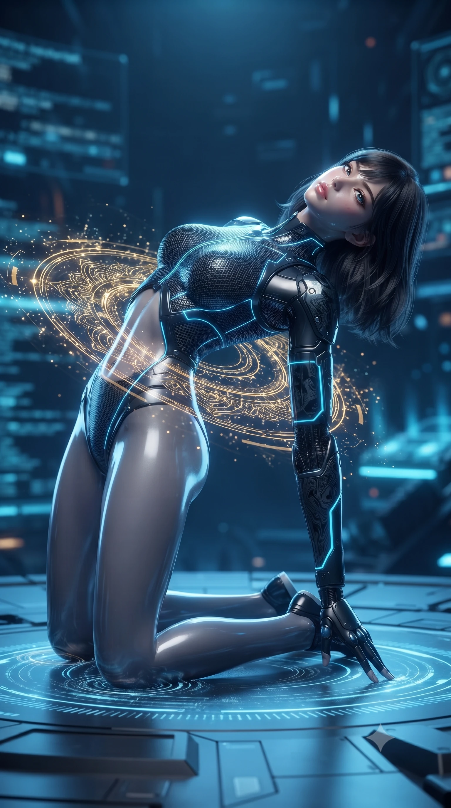 score_9, masterpiece, best quality, ultra-detailed, high-budget anime keyframe, editorial fashion photography, tasteful artistic composition, Korean woman. low angle full-body shot from head to toe showing her feet, filling the entire 9:16 vertical frame with her statuesque presence, stretching her vertical silhouette. landing gracefully from a high-altitude leap on one knee and palm, her statuesque silhouette framed by radial shockwave ripples in the ground while arching her spine in a fluid zero-gravity back-arch as holographic data particles swirl in a golden mandala around her waist. The composition keeps background elements in soft focus with creamy bokeh. sparkling holographic data particles scattering soft glowing light motes across a deep tech backdrop. She has an absolutely perfect, statuesque 8.5-heads proportion, an exceptionally tall and slender model-like female figure with impossibly long slender legs, a toned flat midriff, and an ultra-slim waist. sharp v-shaped jawline, high-bridge nose, intricate jewel-like eyes with depth, thick eyelashes, glossy lips with a natural sheen, flawlessly proportioned anatomical accuracy, strict slender model proportions, natural body alignment, perfectly sculpted long slender limbs, ultra-slim waistline, clean dynamic posture without body distortion. wearing an aerodynamic dark titanium carbon-mesh jumper with glowing blue fiber lines and reinforced Damascus-pattern arm guards in matte obsidian carbon black with electric cyan conduits, crafted from ultra-strong woven carbon-fiber composite with a satin luster, detailed with magnetic knuckle shock-absorbers and polished chrome articulation joints, the form-contouring material adhering flawlessly to her sculpted flat midriff and slender torso, emphasizing her long leg lines and perfectly proportioned willowy build. bathed in glowing electric sapphire and cyan data stream illumination with rich ambient blue fill. ultra-reflective glossy finish, specular highlights, dark metallic sheen, high-contrast stereoscopic depth, volumetric dynamic lighting, 2k, ultra detail, master piece, 9:16 ratio