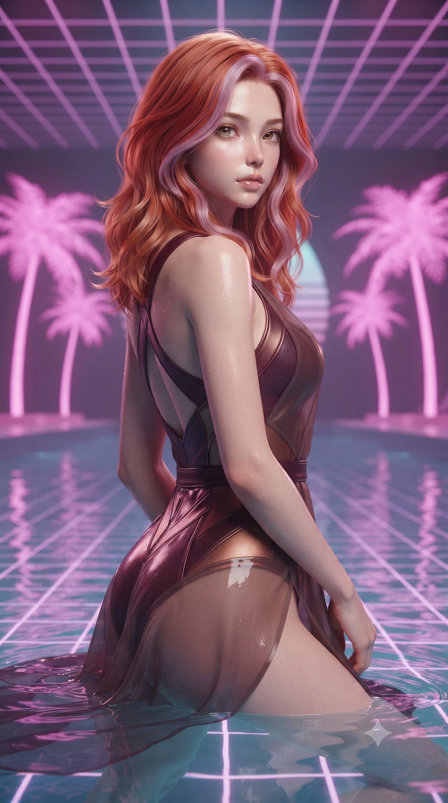 score_9, masterpiece, best quality, ultra-detailed, high-budget anime keyframe, editorial fashion photography, tasteful artistic composition, Caucasian woman. close-up cowboy shot from the waist and thighs up, the character dominates the composition, filling the frame with her large presence, background elements kept in soft focus. Gazing past the camera with an air of effortless elegance and mysterious confidence floating in a surreal pool surrounded by pink neon palm trees and grid floors, lo-fi synthwave grid patterns running across floor and ceiling. She has an exceptionally elegant, slender, and willowy female figure with an ultra-slim waist, a gracefully sculpted slender torso, and a refined silhouette. sharp v-shaped jawline, high-bridge nose, intricate jewel-like eyes with depth, thick eyelashes, glossy lips with a natural sheen. wearing a semi-opaque sheer overlay dress over a leather micro-bodysuit in deep burgundy and bronze, made of fine carbon-fiber weave and soft matte leather, complemented by criss-cross back straps highlighting her bare shoulders, the tailored fabric tightly following every curve of her athletic build. illuminated by retro lo-fi backlighting and brilliant liquid speculars. ultra-reflective glossy finish, specular highlights, metallic sheen, high-contrast stereoscopic depth, volumetric dynamic lighting, 2k, ultra detail, master piece, 9:16 ratio