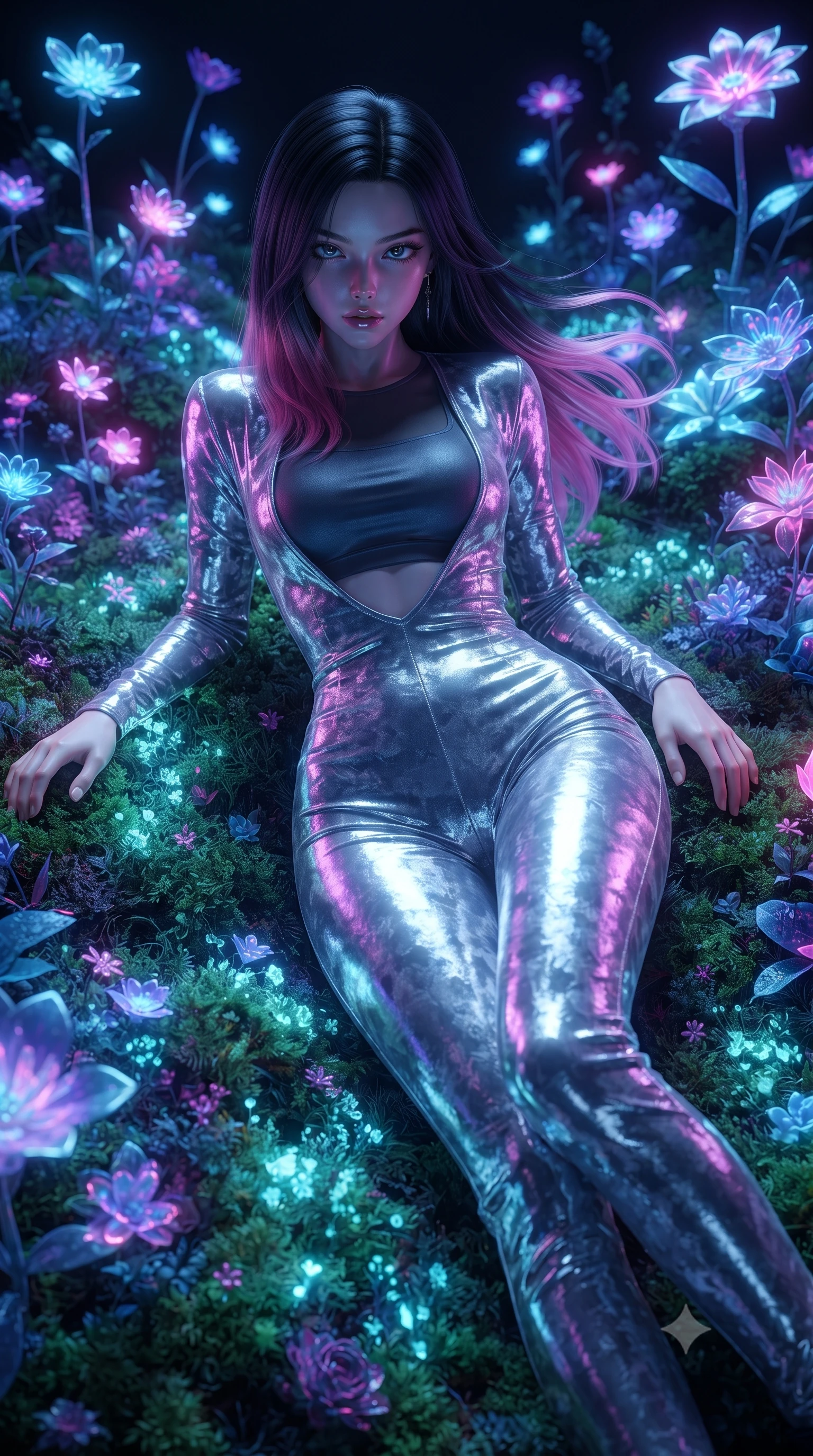 score_9, masterpiece, best quality, ultra-detailed, High-budget Anime Keyframe, editorial fashion photography, tasteful artistic composition, realistic cosplay photography, East Asian woman. Low angle cowboy shot filling the entire 9:16 frame with her statuesque presence. Scenario 466: lying gracefully on a bed of bioluminescent moss inside a virtual garden where neon flowers bloom in the dark. Her presence is magnetic and overpowering in this high-budget cinematic scene. Outfit 466: a body-hugging liquid silver crushed velvet catsuit worn over an opaque crop top and high-waisted shorts. The clothing is designed to emphasize her exceptionally tall and slender 8-heads proportion. 8-heads proportion, towering silhouette, ultra-slim waist. sharp v-shaped jawline, intricate jewel-like eyes with depth, thick eyelashes, glossy lips. ultra-reflective glossy finish, specular highlights, metallic sheen, high-contrast stereoscopic depth, volumetric dynamic lighting, 2k, ultra detail, master piece, 9:16 ratio