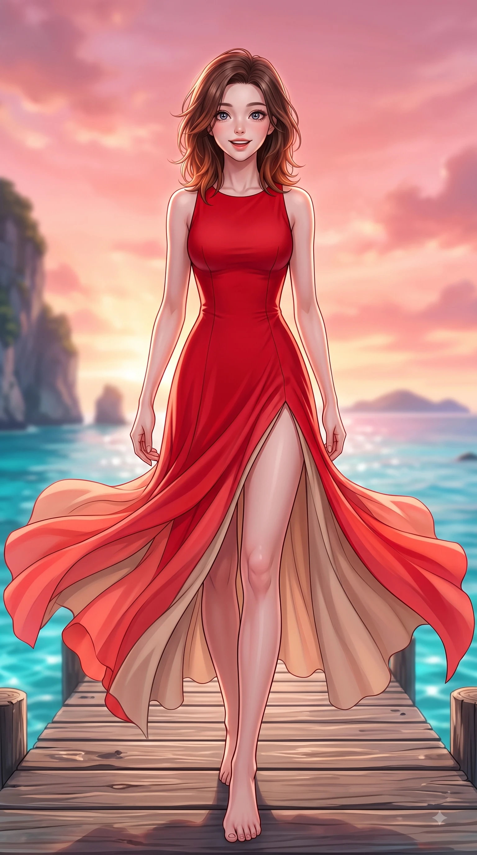 score_9, masterpiece, best quality, ultra-detailed, high-budget anime keyframe, editorial fashion photography, tasteful artistic composition, Korean woman. low angle full-body shot from head to toe showing her feet, filling the entire 9:16 vertical frame with her statuesque presence, stretching her vertical silhouette. Expectant hopeful expression with wide sparkling eyes and a soft eager smile as if waiting for a loved one while walking dynamically along a wooden pier over crystal turquoise ocean waters. The composition keeps background elements in soft focus with dreamy bokeh. dramatic sea cliffs and distant island horizons softened in romantic shallow focus. She has an absolutely perfect, statuesque 8.5-heads proportion, an exceptionally tall and slender model-like female figure with impossibly long slender legs and an ultra-slim waist. sharp v-shaped jawline, high-bridge nose, intricate jewel-like eyes with depth, thick eyelashes, glossy lips with a natural sheen, flawlessly proportioned anatomical accuracy, natural body alignment, perfectly sculpted elegant limbs, clean dynamic posture without body distortion. wearing a vibrant scarlet red chiffon maxi dress with a dramatic flowing skirt in vibrant coral red and soft beige, tailored from structured wool crepe with clean lines, finished with a sleek side slit ascending to mid-thigh, the form-contouring material accentuating her ultra-slim waist and long lines. illuminated by a dramatic rose-gold sky glow with vivid rim highlights. highly saturated vibrant anime colors, detailed shading with soft gradients, rich glossy textures, high-contrast stereoscopic depth, volumetric dynamic lighting, master piece, 9:16 ratio