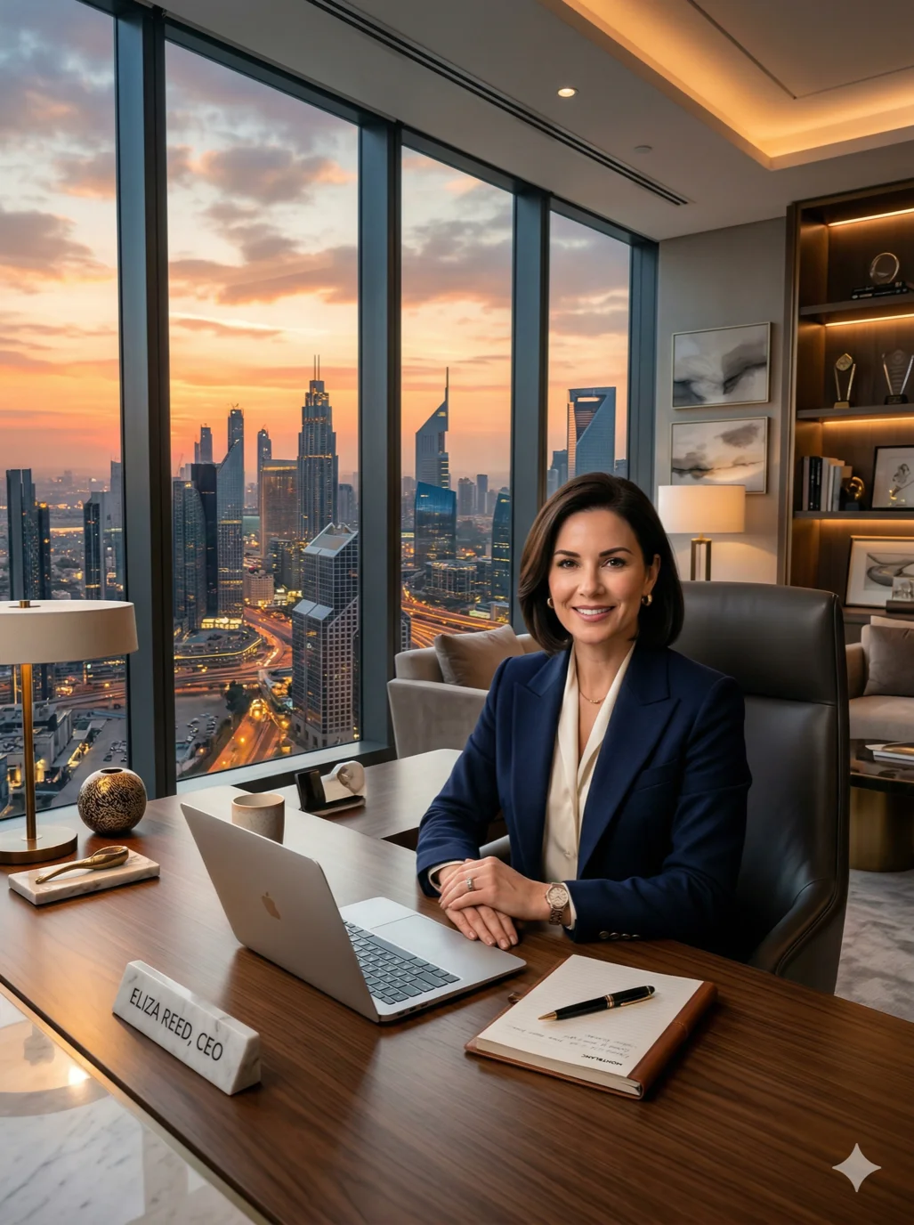 A professional female CEO with a sharp but elegant look, sitting in a luxury office with a panoramic city view at sunset, 2k, ultra detail, master piece, 3:4 ratio