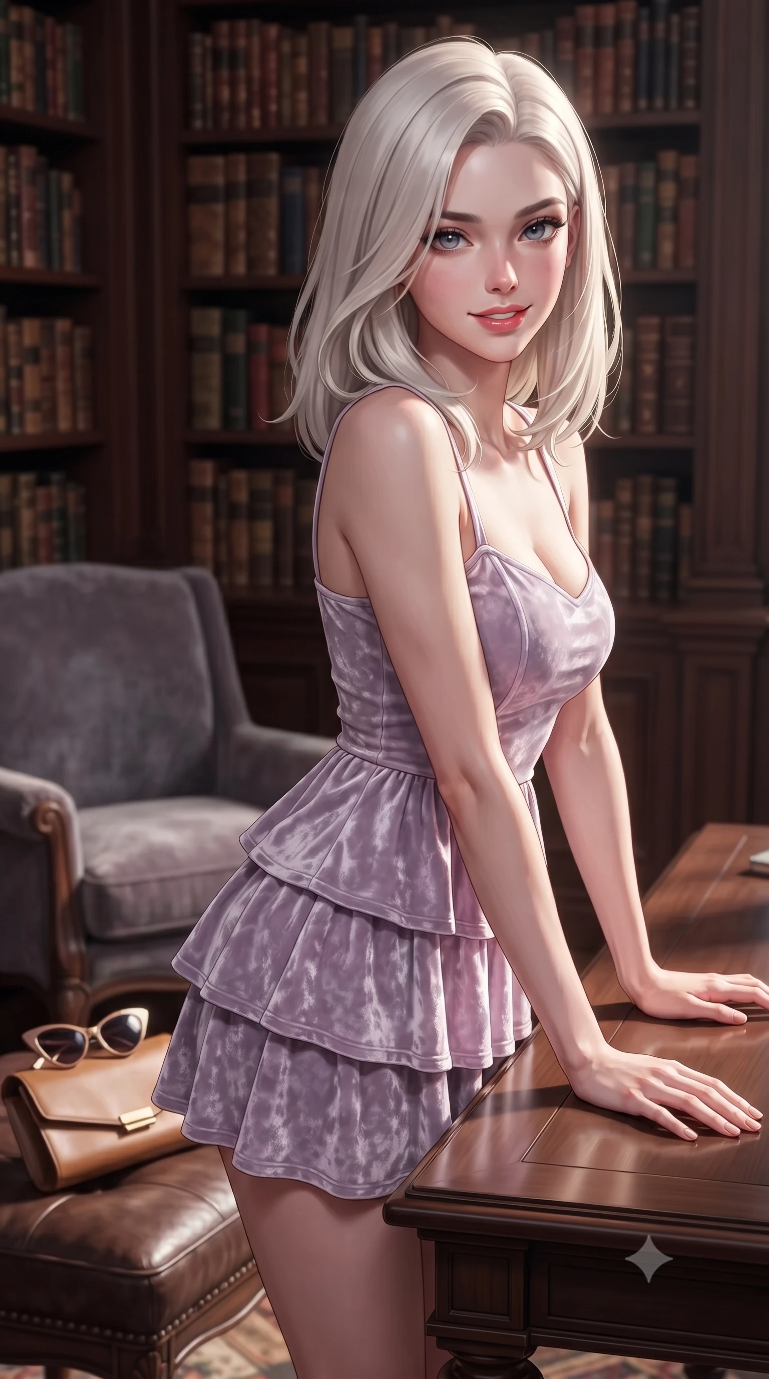 score_9, masterpiece, best quality, ultra-detailed, high-budget anime keyframe, editorial fashion photography, tasteful artistic composition, Caucasian woman. close-up cowboy shot from the waist and thighs up, the character dominates the composition, filling the frame with her large presence, background elements kept in soft focus. leaning slightly forward over the table with a playful, magnetic smile that locks direct eye contact set against a soft-focus background of inside an exclusive historic manor library with a pair of designer sunglasses and a sleek leather clutch bag on the lounger. She has an exceptionally elegant, slender, and willowy female figure with an ultra-slim waist, a gracefully sculpted slender torso, and a refined silhouette. sharp v-shaped jawline, high-bridge nose, intricate jewel-like eyes with depth, thick eyelashes, glossy lips with a natural sheen. wearing form-contouring pale lavender crushed velvet flowy linen sundress with a comfortable tiered skirt silhouette featuring refined tailored seams. accented by a single dramatic key light highlighting her statuesque posture and slim waist. highly saturated vibrant anime colors, detailed shading with soft gradients, rich glossy textures, high-contrast stereoscopic depth, volumetric dynamic lighting, master piece, 9:16 ratio