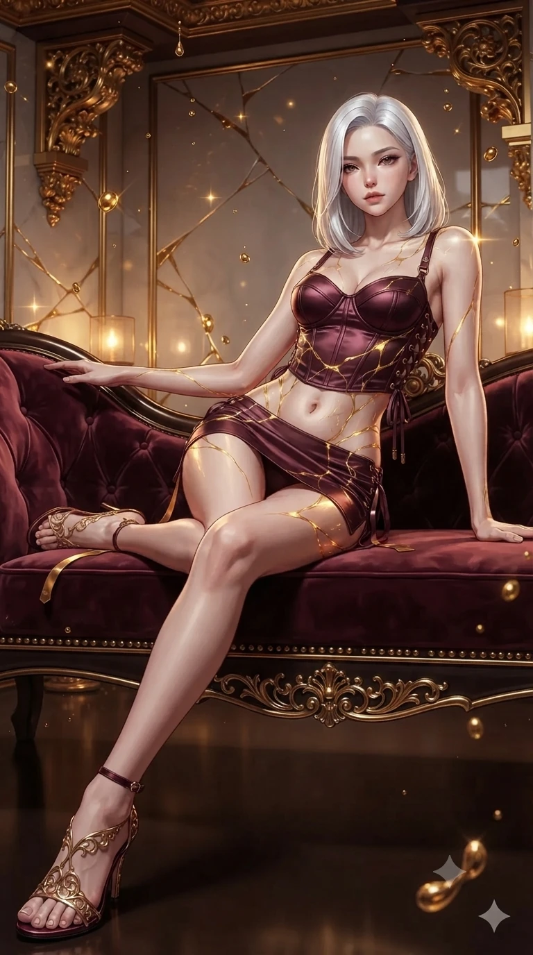 score_9, masterpiece, best quality, ultra-detailed, high-budget anime keyframe, editorial fashion photography, tasteful artistic composition, Korean woman. low angle full-body shot from head to toe showing her feet, filling the entire 9:16 vertical frame with her statuesque presence, stretching her vertical silhouette. reclining gracefully across the plush chaise lounge with one leg extended, her sculpted silhouette and flat midriff radiating magnetic nocturnal glamour while twisting her slender torso in an alluring contrapposto stance, shimmering golden kintsugi ribbons casting radiant reflections across her narrow waist and curvy hips. The surrounding environment is rendered in vivid detail and crisp panoramic clarity: sharp hand-carved gold filigree altar corbels, glossy porcelain fracture bevels, and crisp liquid gold droplet speculars in deep focus. She has an exceptionally tall and slender model-like 8.5-heads proportion, an ultra-slim waist, a flat toned midriff, narrow delicate ribcage, and beautifully sculpted feminine hips creating a graceful, slim hourglass silhouette without any bulky heaviness, with impossibly long slender legs. sharp v-shaped jawline, high-bridge nose, intricate jewel-like sparkling eyes with depth, thick eyelashes, glossy parted lips with a natural peach sheen, bright cheerful beaming smile with an enchanting and coquettish sensual glint, exuding both youthful cute charm and seductive allure, flawlessly proportioned anatomical accuracy, strict slender model proportions, natural body alignment, perfectly sculpted long slender limbs, ultra-slim waistline, clean dynamic posture without body distortion. wearing a sculpted satin underwire crop corset with lace-up side ties paired with a low-rise micro skirt in deep burgundy and bronze accents, crafted from bespoke double-faced cashmere with an exceptionally soft tactile finish, featuring fine criss-cross lace-up side ties revealing tantalizing glimpses of her hip curve, the impeccably tailored cut draping gracefully along her slender figure with aristocratic poise. bathed in the majestic warm 2600K inner radiance of golden kintsugi veins mixed with soft ambient temple lantern light. ultra-reflective glossy finish, specular highlights, rich textural contrasts, high-contrast stereoscopic depth, volumetric dynamic lighting, 2k, ultra detail, master piece, 9:16 ratio