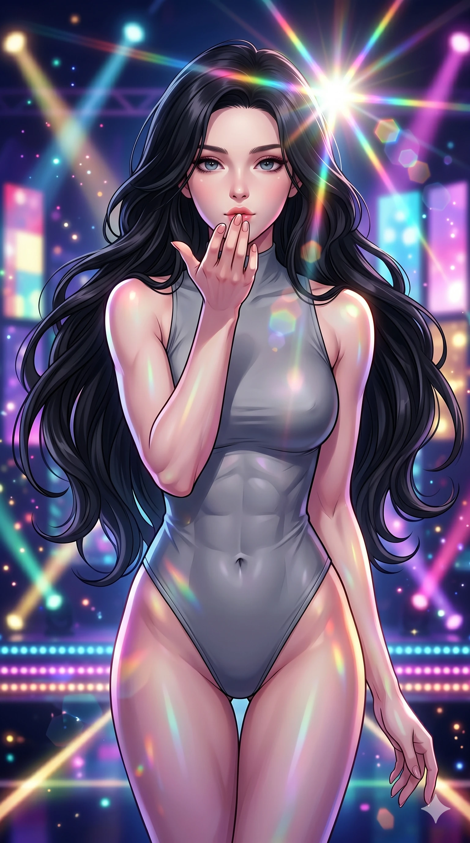 score_9, score_8_up, score_7_up, source_anime, masterpiece, best quality, ultra-detailed, same character with long flowing black hair, wearing the same outfit, upper body shot from thigh up filling the screen, blowing a kiss to the camera, bright lens flare, colorful dreamlike stage lighting, high-end idol aesthetic, 2k, 9:16 ratio