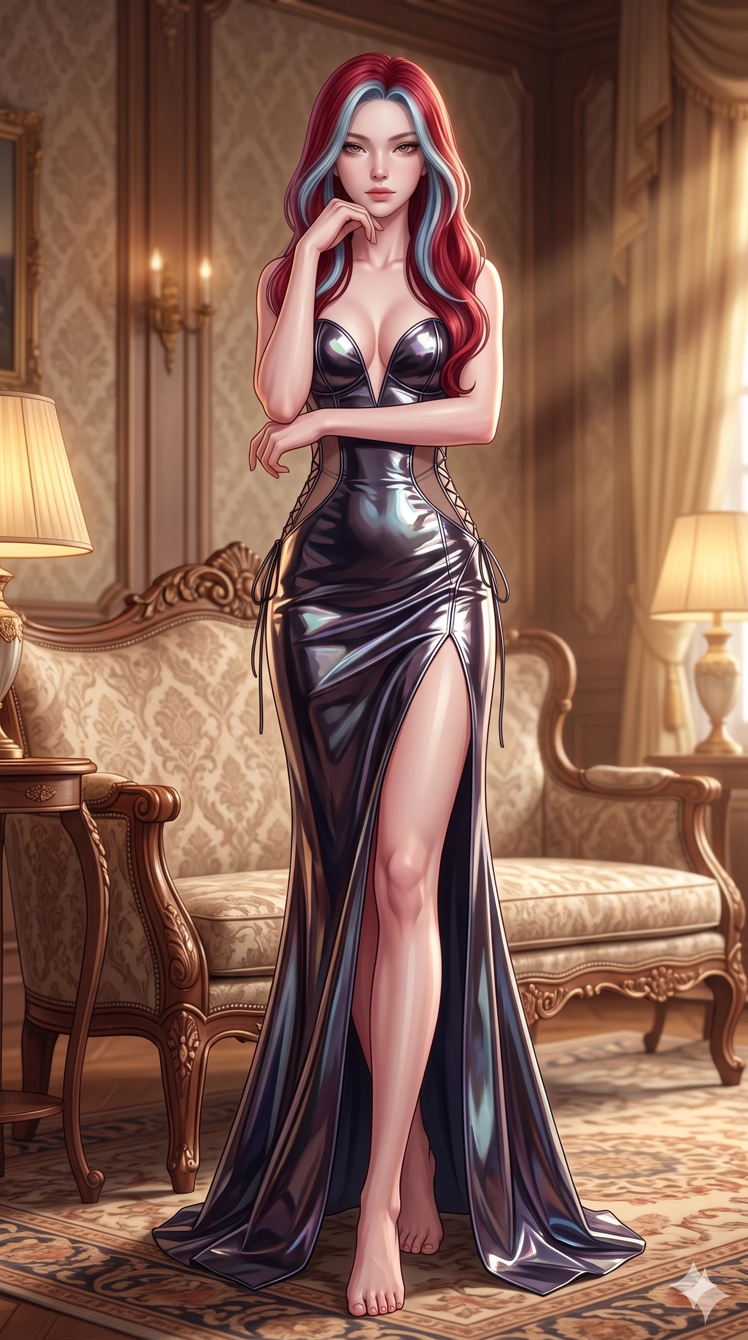 score_9, masterpiece, best quality, ultra-detailed, high-budget anime keyframe, semi-realistic 3D game render, editorial fashion photography, tasteful artistic composition, Caucasian woman. low angle full-body shot from head to toe showing her feet, filling the entire 9:16 vertical frame with her statuesque presence, stretching her vertical silhouette. stepping forward in a confident stride, her long slender legs and curvaceous hips creating a dynamic, sweeping vertical line while resting one elbow on the carved settee armrest and supporting her chin, leaning close to the camera with heavy-lidded smoldering bedroom-eyes. The background shows a soft-focus vintage aristocratic salon atmosphere softened in damask salon shallow focus. She has an exceptionally tall and slender model-like 8.5-heads proportion, an ultra-slim waist, a flat toned midriff, narrow delicate ribcage, and beautifully sculpted feminine hips creating a graceful, slim hourglass silhouette without any bulky heaviness, with impossibly long slender legs. sharp v-shaped jawline, high-bridge nose, intricate jewel-like sparkling eyes with depth, thick eyelashes, glossy parted lips with a natural sheen, intensely captivating and seductive bedroom-eyes expression, exuding both youthful cute charm and sovereign luxury allure, flawlessly proportioned anatomical accuracy, strict slender model proportions, natural body alignment, perfectly sculpted long slender limbs, ultra-slim waistline, clean dynamic posture without body distortion. wearing an alluring plunging sweetheart bodice dress with sheer mesh side-waist cutouts contouring her ribs in iridescent mother-of-pearl and liquid molten silver, tailored from high-gloss patent leather with mirror-like specular highlights, featuring fine criss-cross lace-up side ties revealing tantalizing glimpses of her hip curve, the form-contouring cut accentuating her sculpted flat midriff, narrow delicate ribcage, and gracefully curvy hips with intoxicating allure. bathed in the soft, intimate warm 2700K ambient light of silk-shaded table lamps mixed with angled window sunbeams. highly saturated vibrant anime colors, detailed shading with soft gradients, rich glossy textures, high-contrast stereoscopic depth, volumetric dynamic lighting, master piece, 9:16 ratio