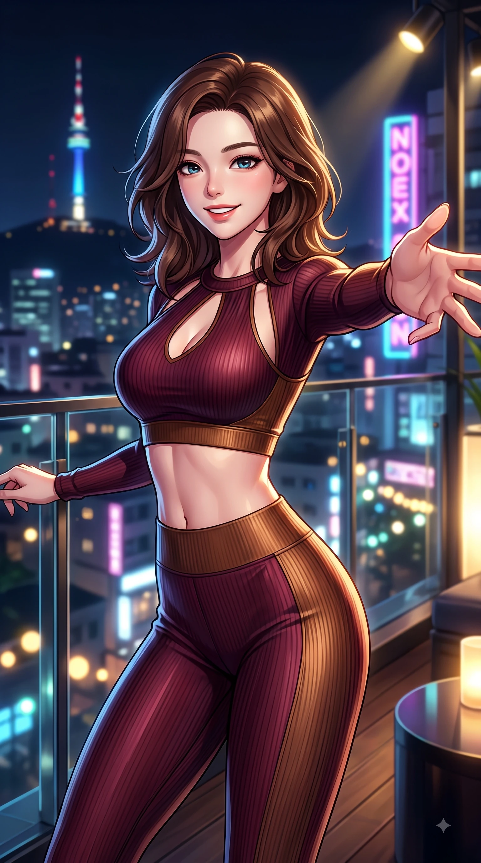 score_9, masterpiece, best quality, ultra-detailed, high-budget anime keyframe, editorial fashion photography, tasteful artistic composition, Korean woman. close-up cowboy shot from the waist and thighs up, the character dominates the composition, filling the frame with her large presence, background elements kept in soft focus. Fresh enchanting smile, her eyes twinkling like jewels in the bright sunlight as one arm reaches out cheerfully while pivoting dynamically on a open-air Itaewon rooftop lounge as city night lights twinkle below, glistening city skyline lights and neon tower signs twinkling softly through glass railings. She has an exceptionally elegant, slender, and willowy female figure with an ultra-slim waist, a gracefully sculpted slender torso, and a refined silhouette. sharp v-shaped jawline, high-bridge nose, intricate jewel-like eyes with depth, thick eyelashes, glossy lips with a natural sheen, flawlessly proportioned anatomical accuracy, natural body alignment, perfectly sculpted elegant limbs, clean dynamic posture without body distortion. wearing a form-fitting ribbed activewear set with elegant collar cutouts in deep burgundy and bronze, crafted from smooth liquid silk, accented with a Tasteful chest slit framing her clavicle gracefully, the elegant draped fit framing her graceful clavicle and slender torso. bathed in dramatic high-contrast urban night lights and sleek golden spotlights. highly saturated vibrant anime colors, detailed shading with soft gradients, rich glossy textures, high-contrast stereoscopic depth, volumetric dynamic lighting, master piece, 9:16 ratio